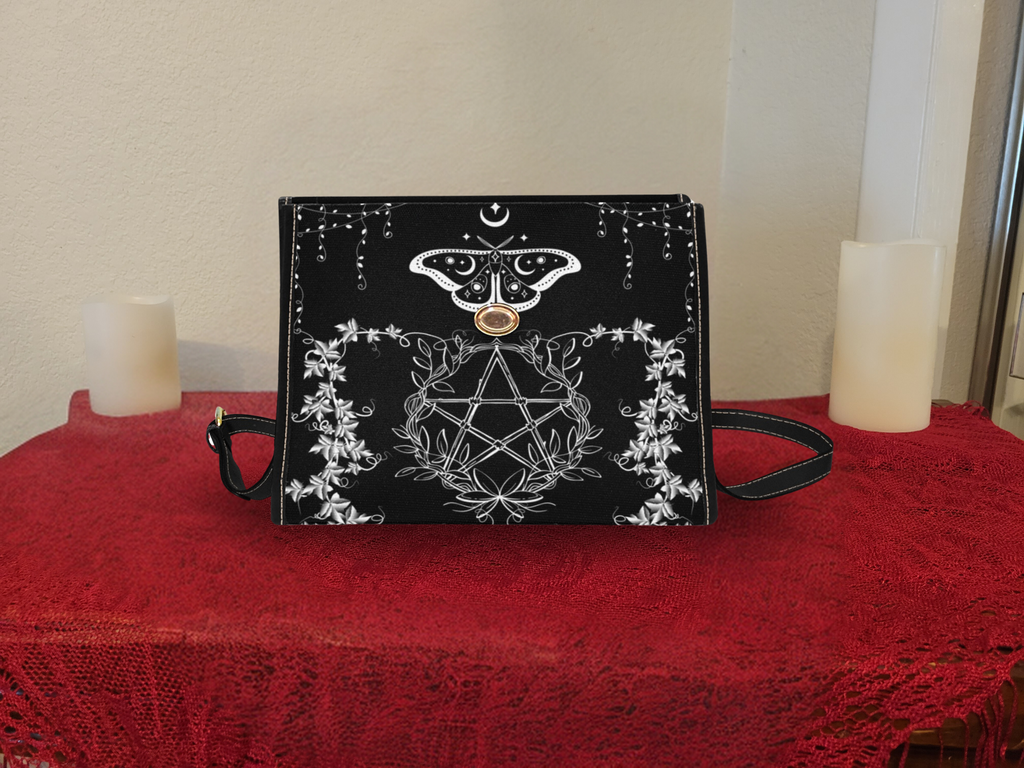 Gothic Luna Moth Pentacle Handbag | Wiccan Botanical Waterproof Canvas Crossbody Purse