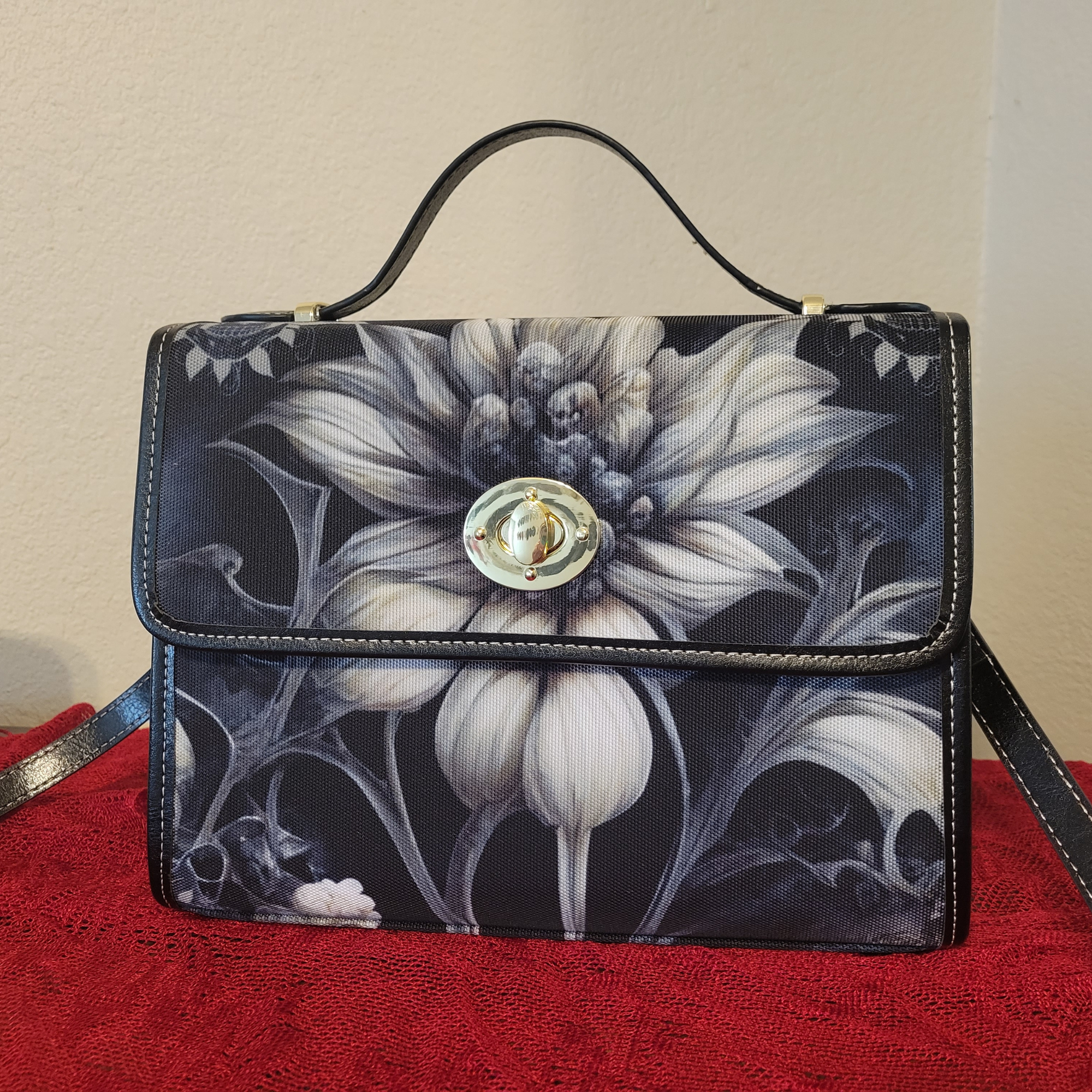 Gothic Botanical Dahlia Handbag | Dark Floral Skull Waterproof Canvas Crossbody Purse