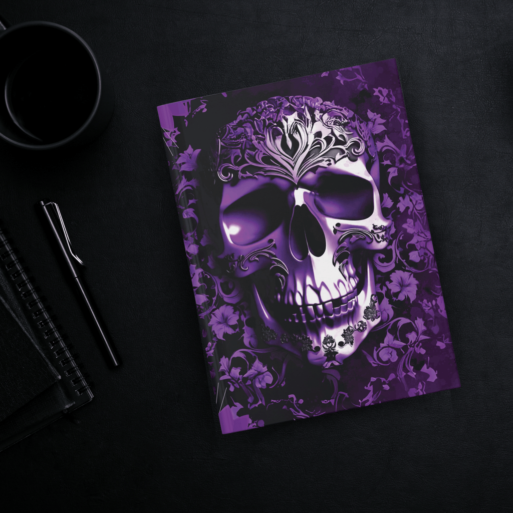 Gothic hardcover journal with a large ornate baroque skull surrounded by dark florals and ivy rendered in deep violet and black