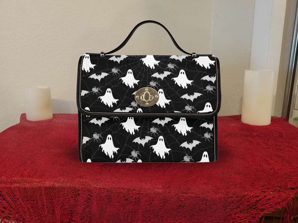 Gothic Ghost & Bat Print Handbag | Spooky Spider Web Waterproof Canvas Crossbody Purse