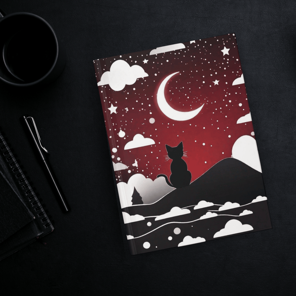 
Gothic hardcover journal with black cat silhouette perched on a dark clifftop gazing at a crescent moon against a deep crimson starfield with white clouds