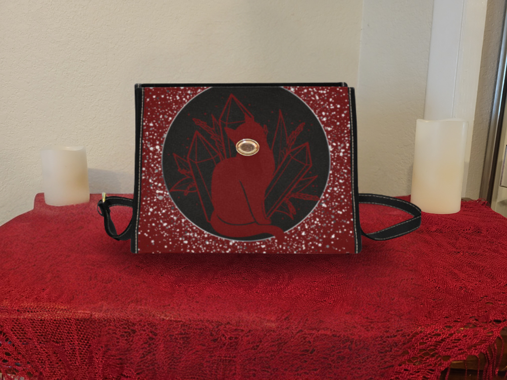 Gothic Witch Cat Pentacle Handbag | Celestial Crystal Waterproof Canvas Crossbody Purse
