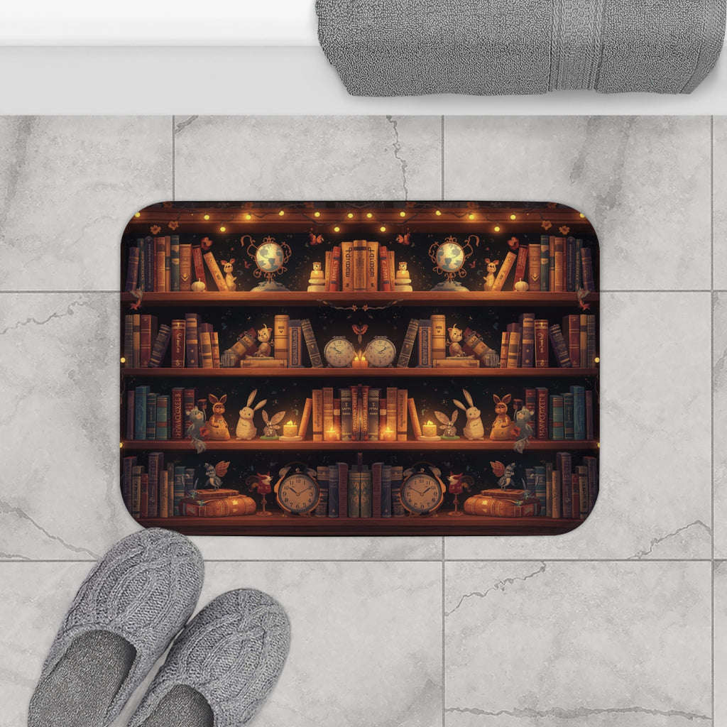 Whimsical Rabbit Bookcase Bath Mat — Cozy Fantasy Book Lover Bathroom Decor