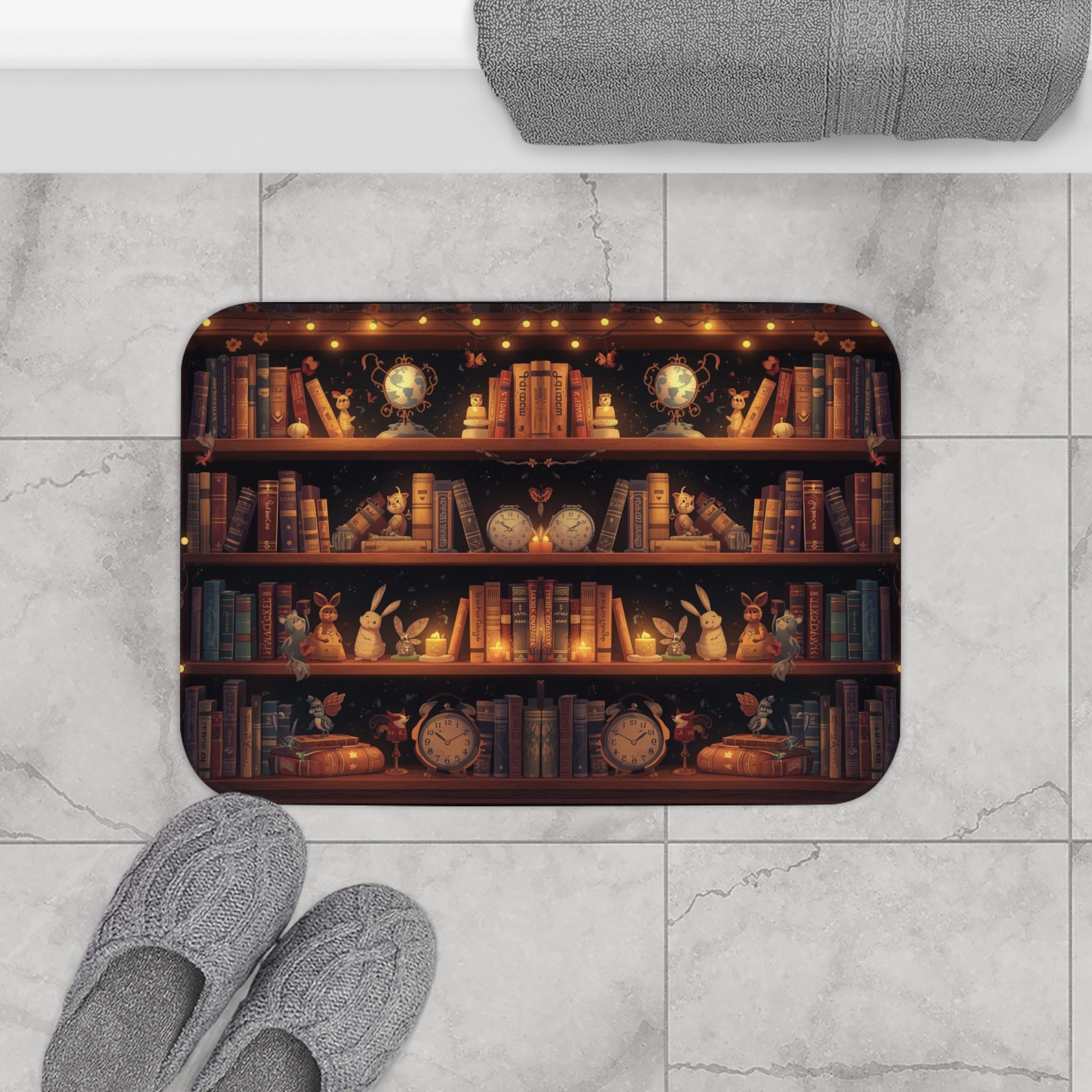 Whimsical Rabbit Bookcase Bath Mat — Cozy Fantasy Book Lover Bathroom Decor