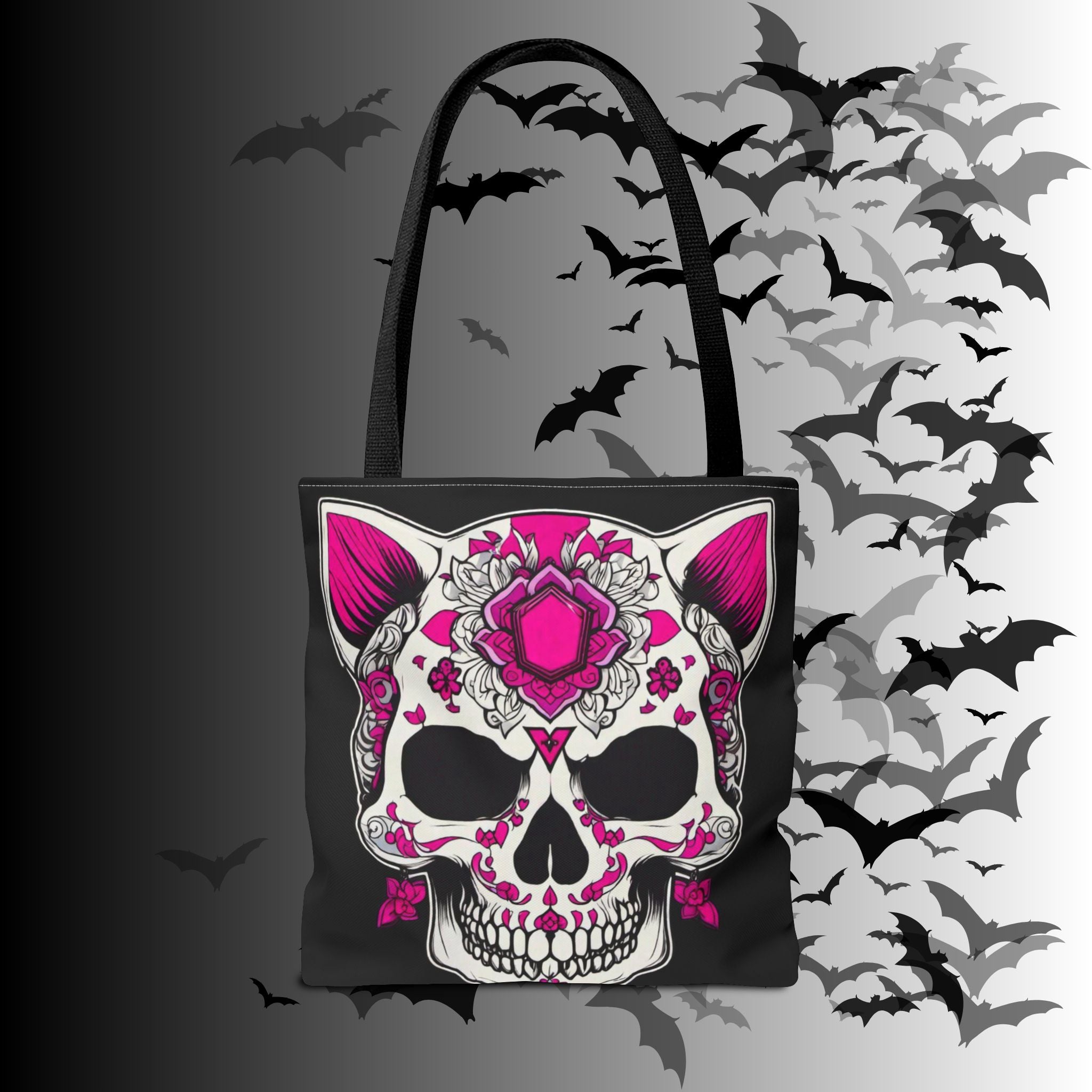 Pink Sugar Skull Cat Tote Bag — Day of the Dead Floral Design