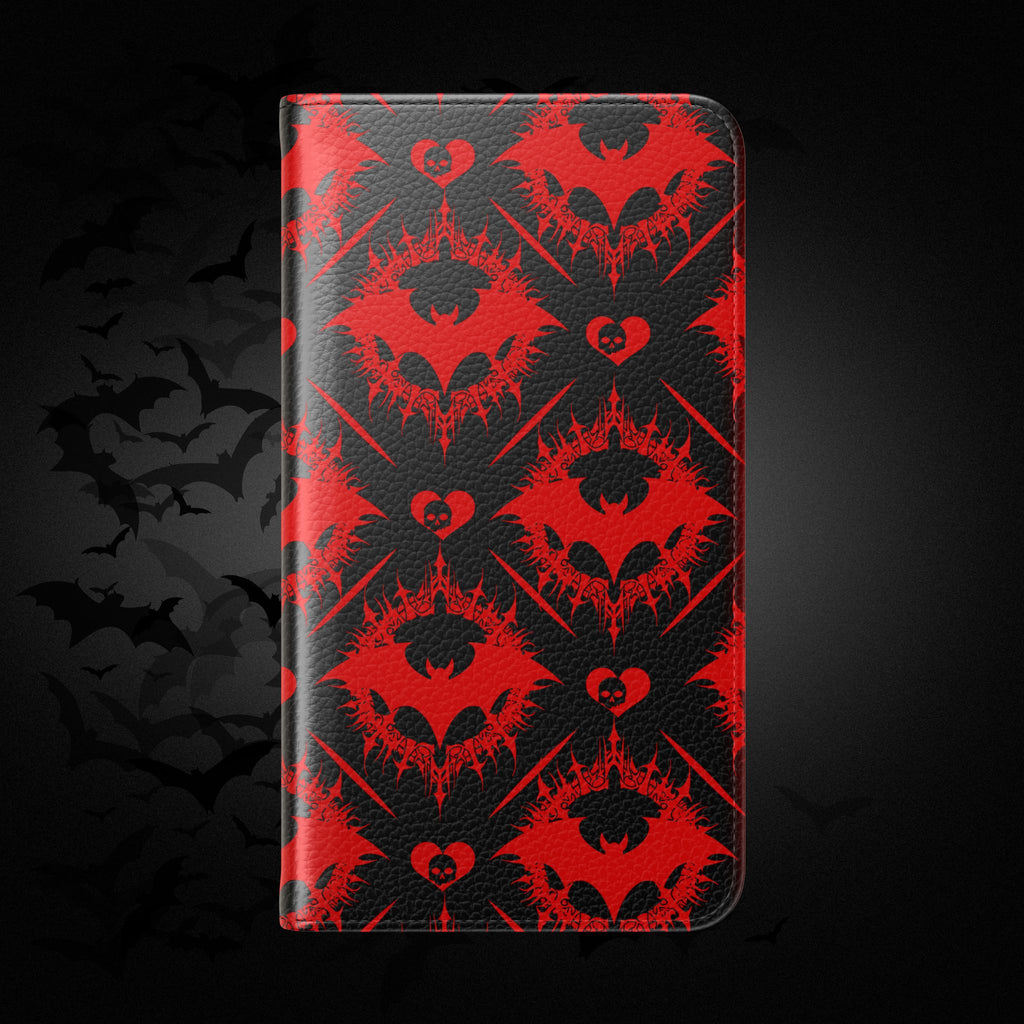 Gothic Bat Wallet Flip Case - Elegant Goth Phone Wallet - Bat Pattern Flip Case - Gothic Phone Case - Stylish Wallet Phone Case