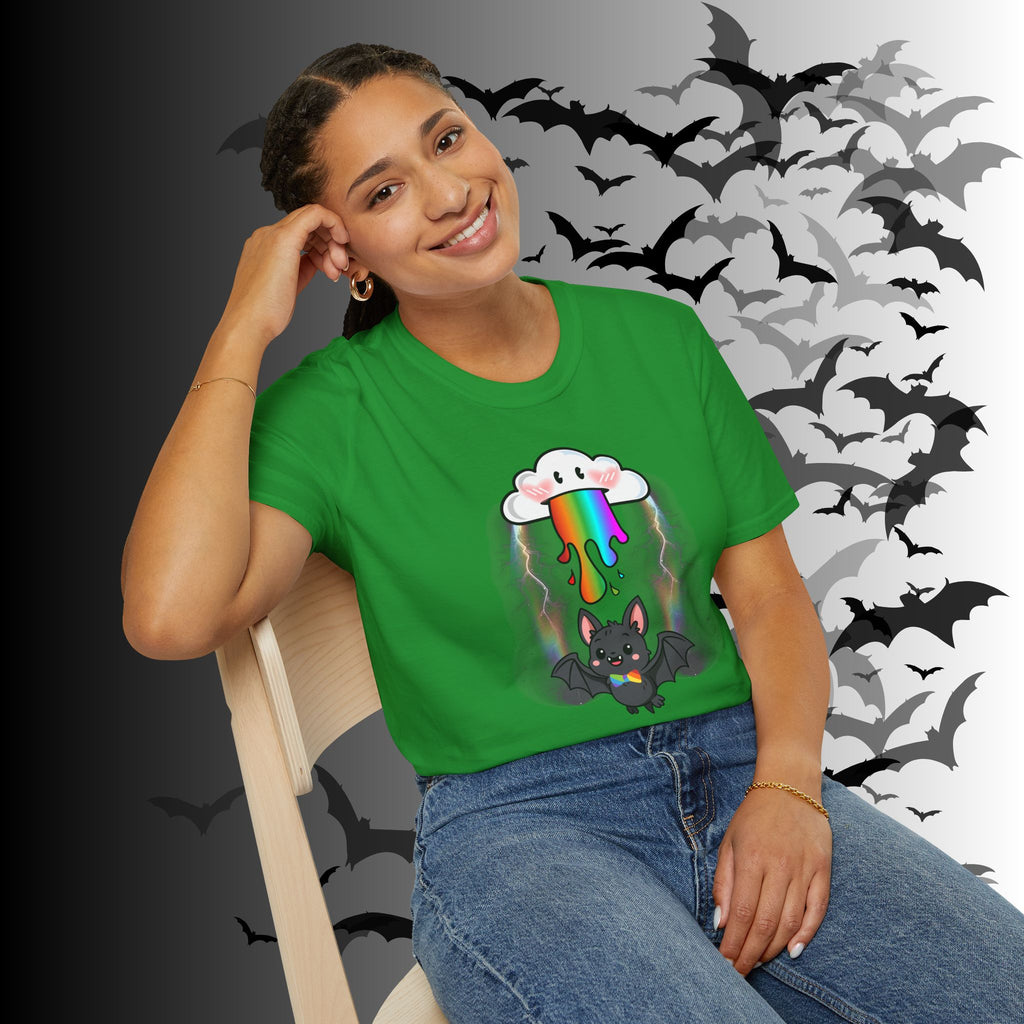 Rainbow Vomit Cloud Bat T-Shirt — Kawaii Goth Pride Unisex Tee