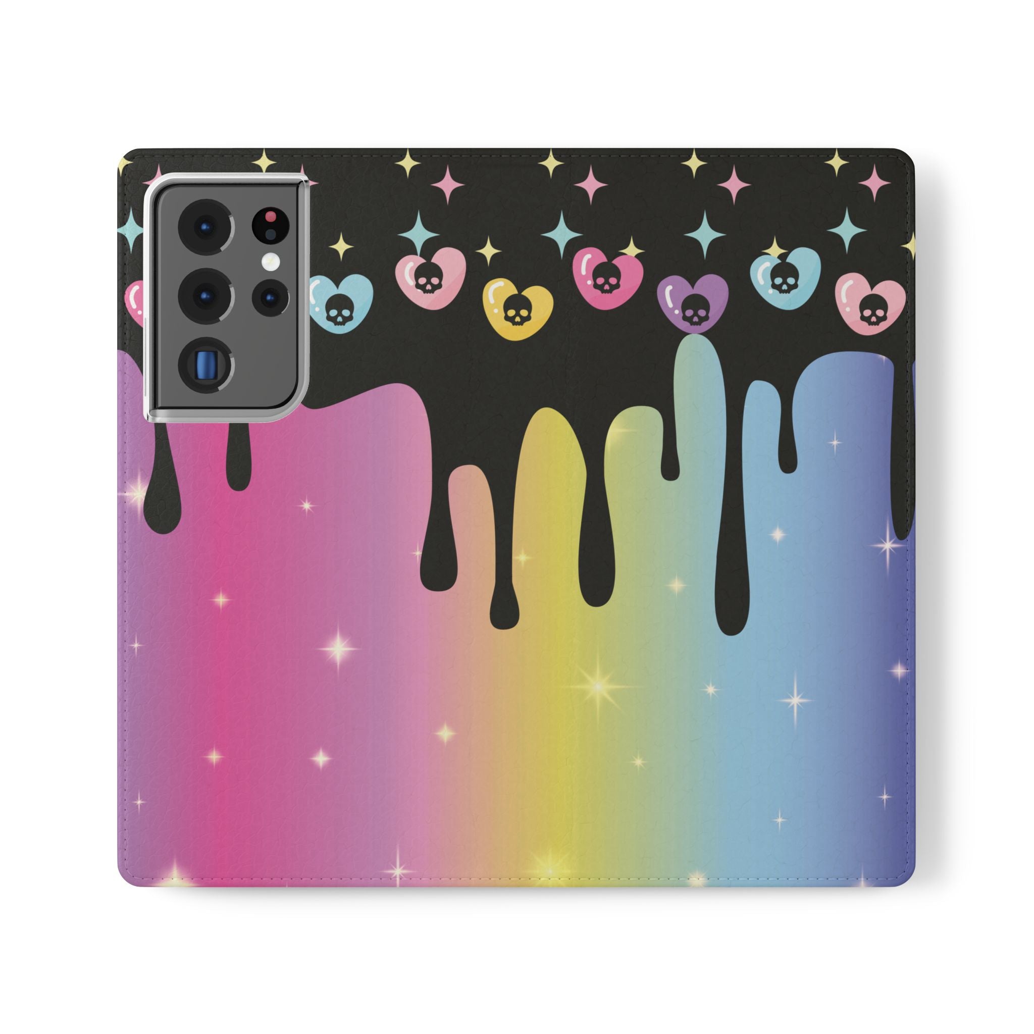 Pastel Goth Drippy Rainbow Skulls Flip Wallet Phone Case - Wallet Case for Samsung and iPhone - Gothic Style Wallet Phone Cases