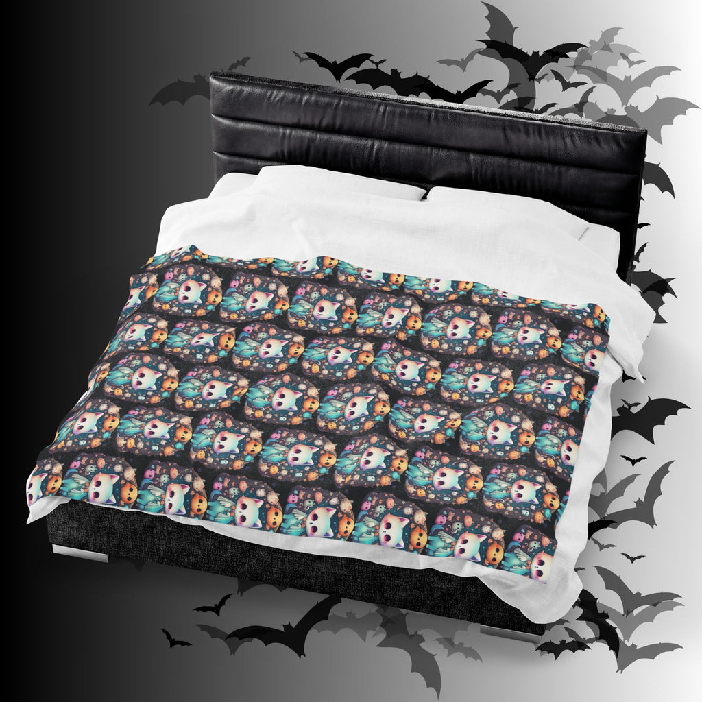 Creepy Cute Kawaii Cat Throw Blanket — Pastel Goth Ghost Dark Home Decor