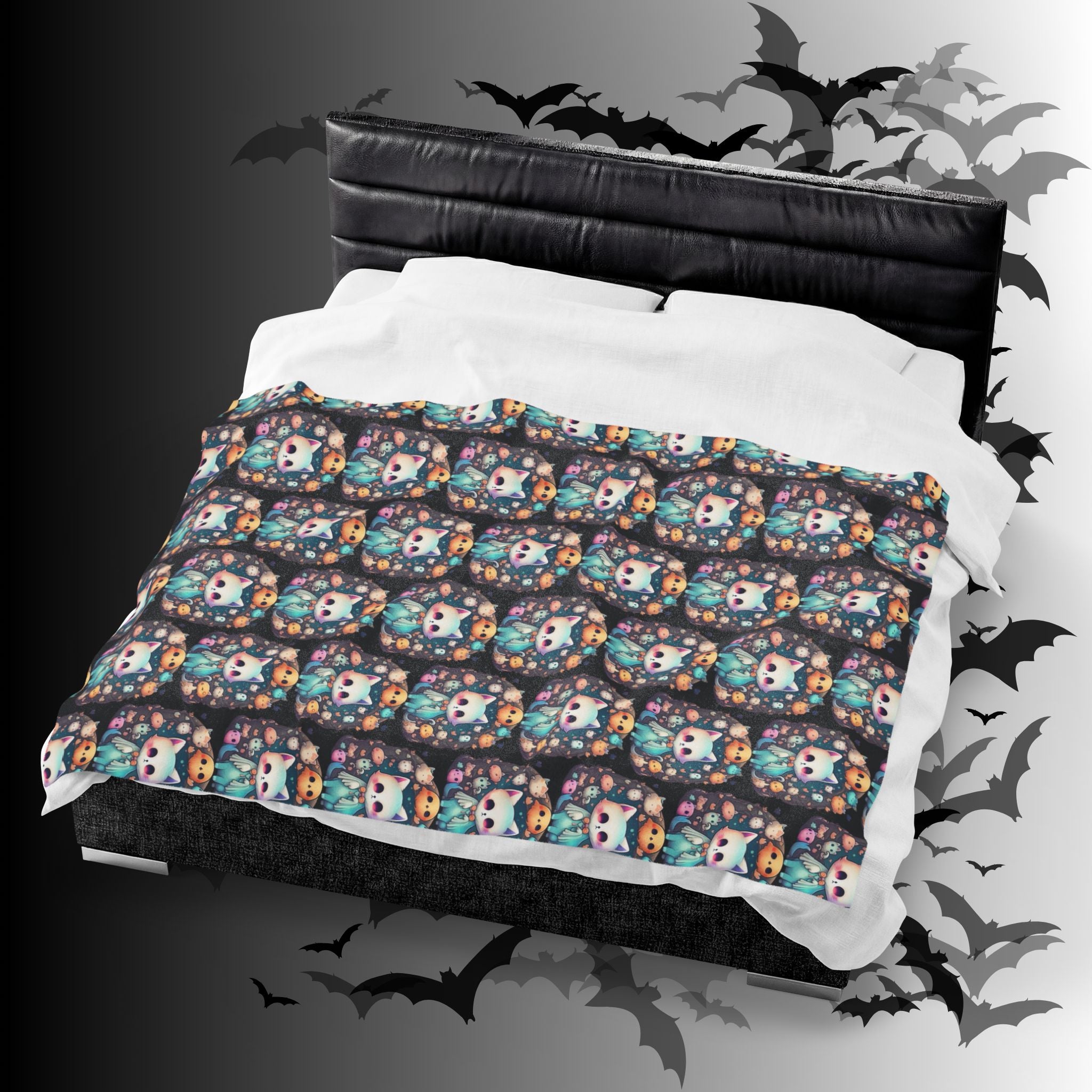 Creepy Cute Kawaii Cat Throw Blanket — Pastel Goth Ghost Dark Home Decor