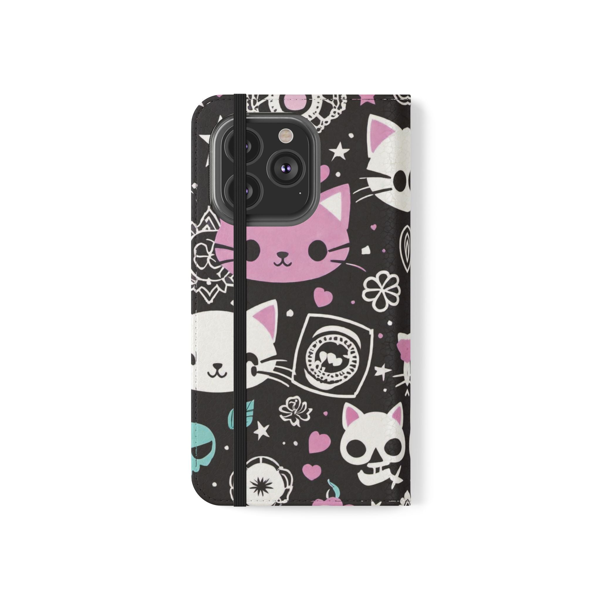 Pastel Goth Cat Flip Wallet Phone Case - Goth Cat Wallet Case for Samsung iPhone - Gothic Style Cats Wallet Phone Cases