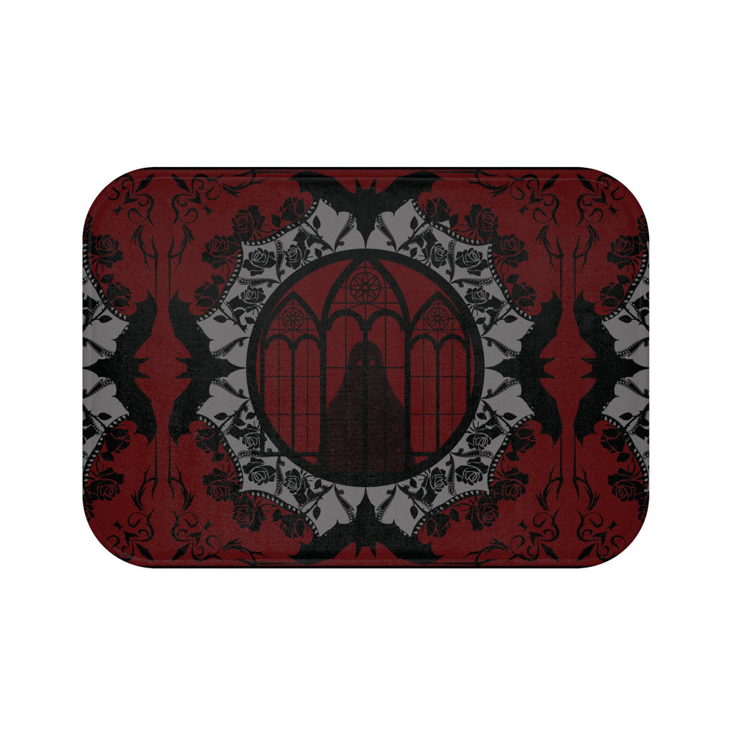 Gothic Cathedral Bats Bath Mat — Elegant Crimson Bathroom Decor