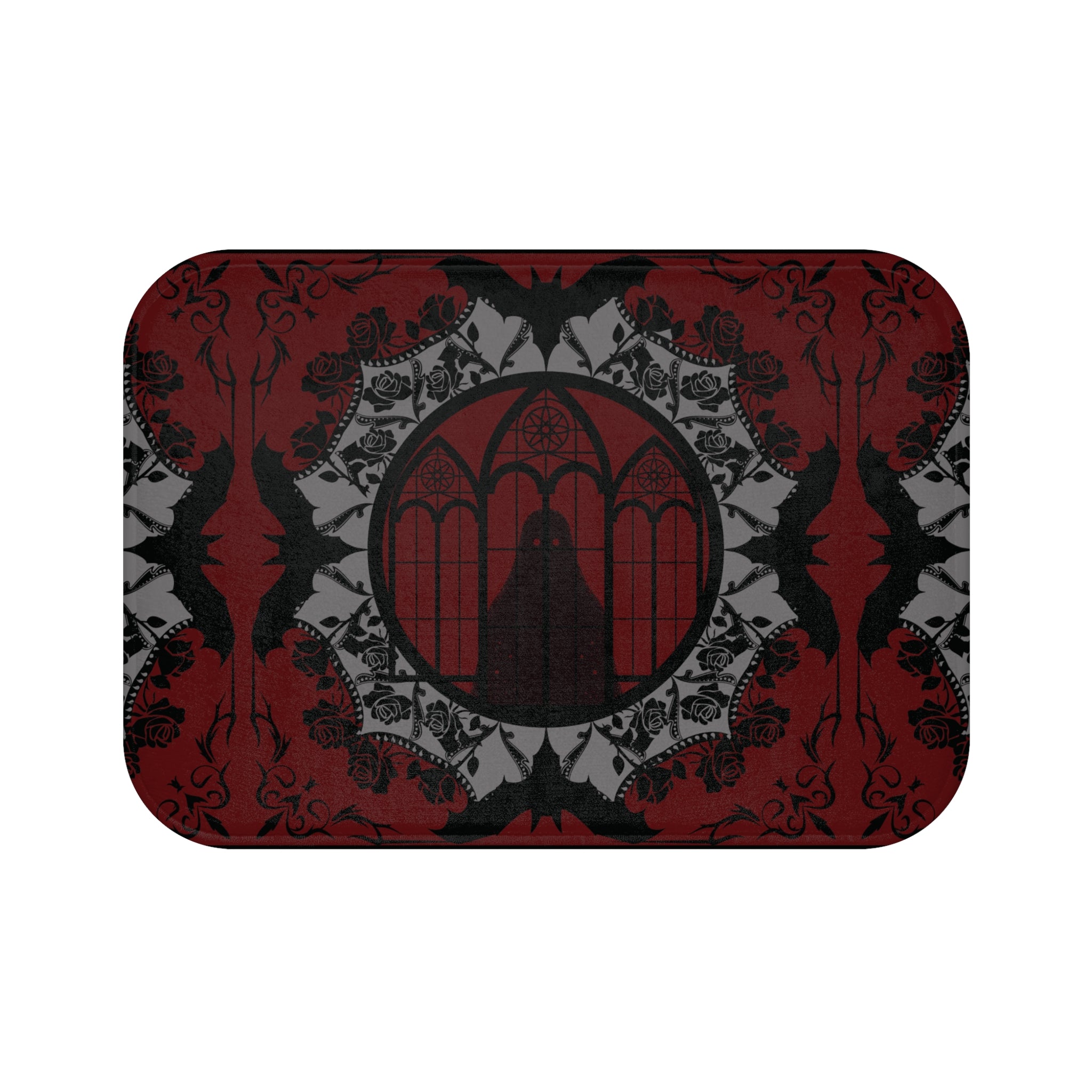 Gothic Cathedral Bats Bath Mat — Elegant Crimson Bathroom Decor