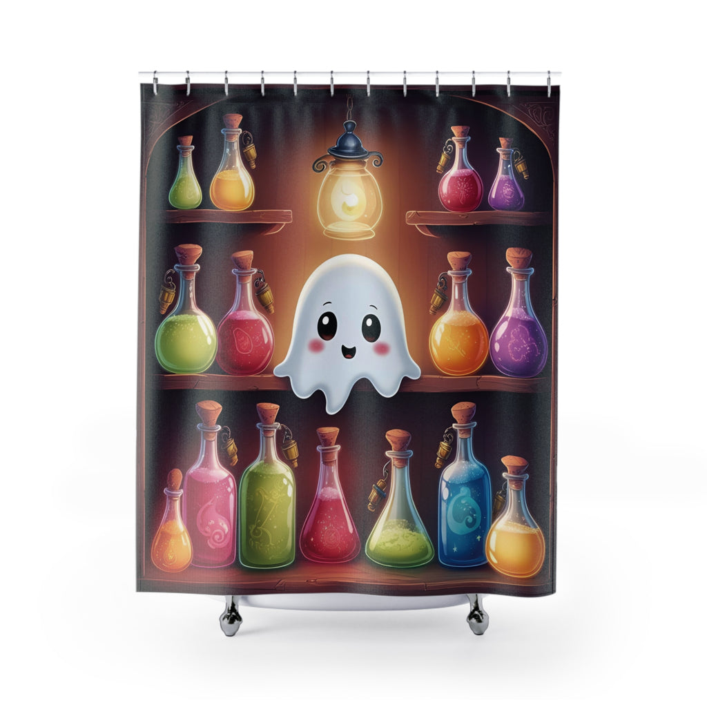 Apothecary Ghost Shower Curtain — Whimsigoth Potion Shelf Bathroom Decor