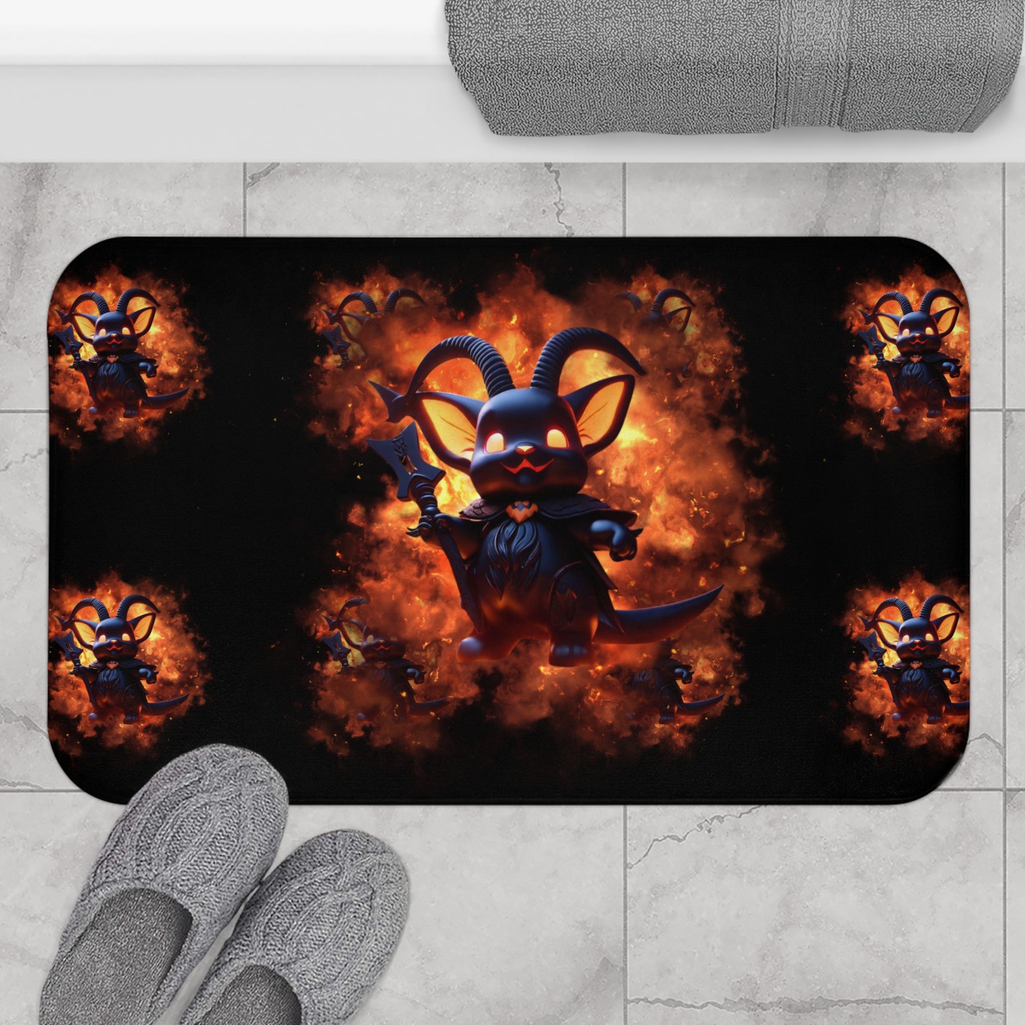 Gothic bath mat featuring a chibi Baphomet character with ram horns and battle axe surrounded by orange flames on a black background