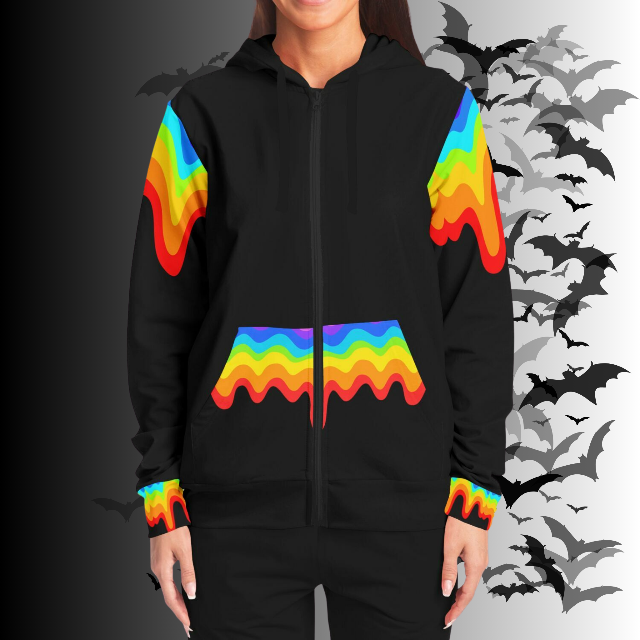 Rainbow Vomit Cloud Bat All Over Print Zip Hoodie — Kawaii Goth Pride Unisex AOP Hoodie
