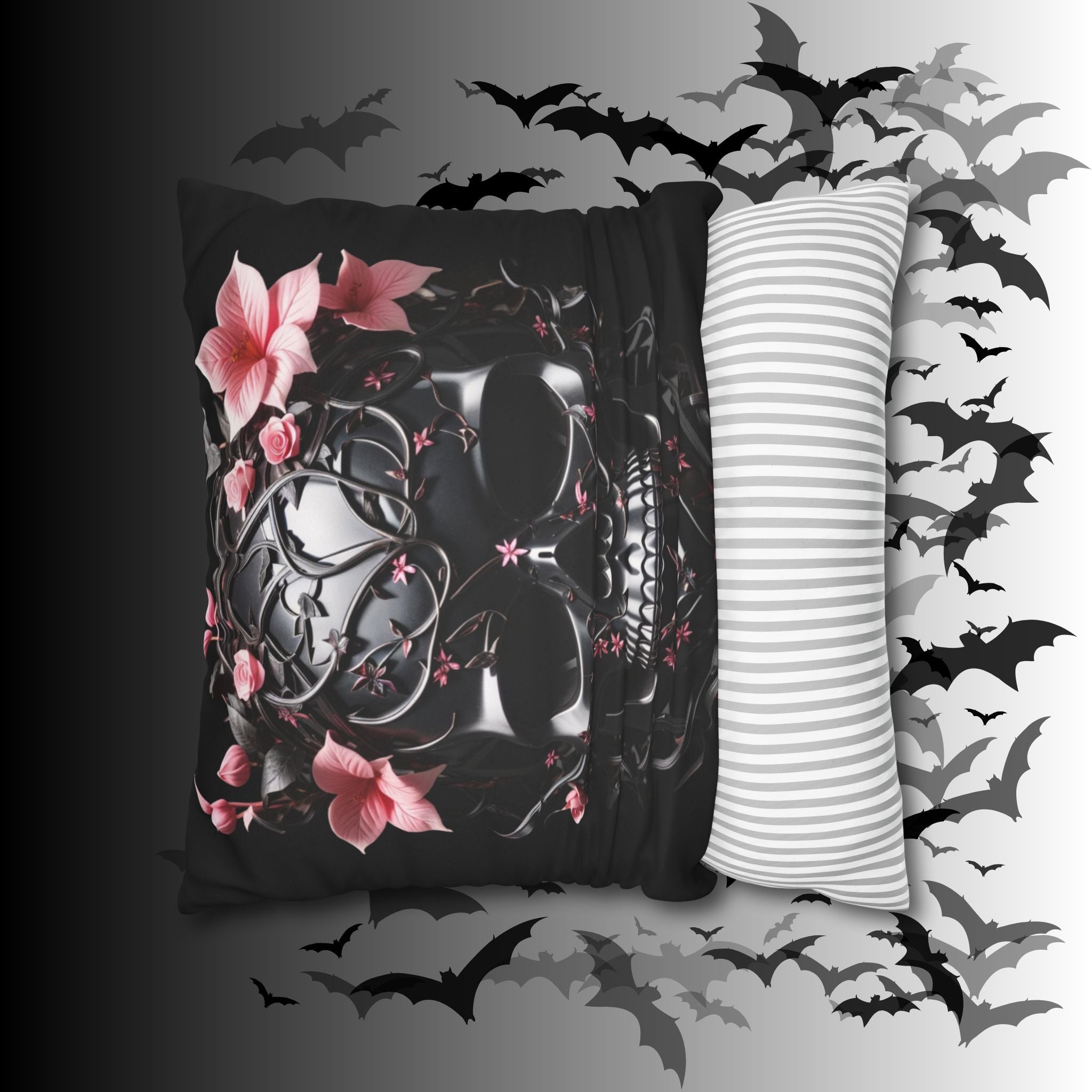 Gothic Botanical Skull Throw Pillow — Dark Floral Pastel Goth Home Decor