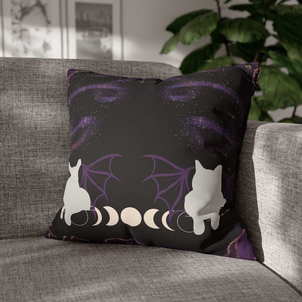 Gothic Bat Wing Cat Moon Phases Throw Pillow — Purple Celestial Dark Home Decor