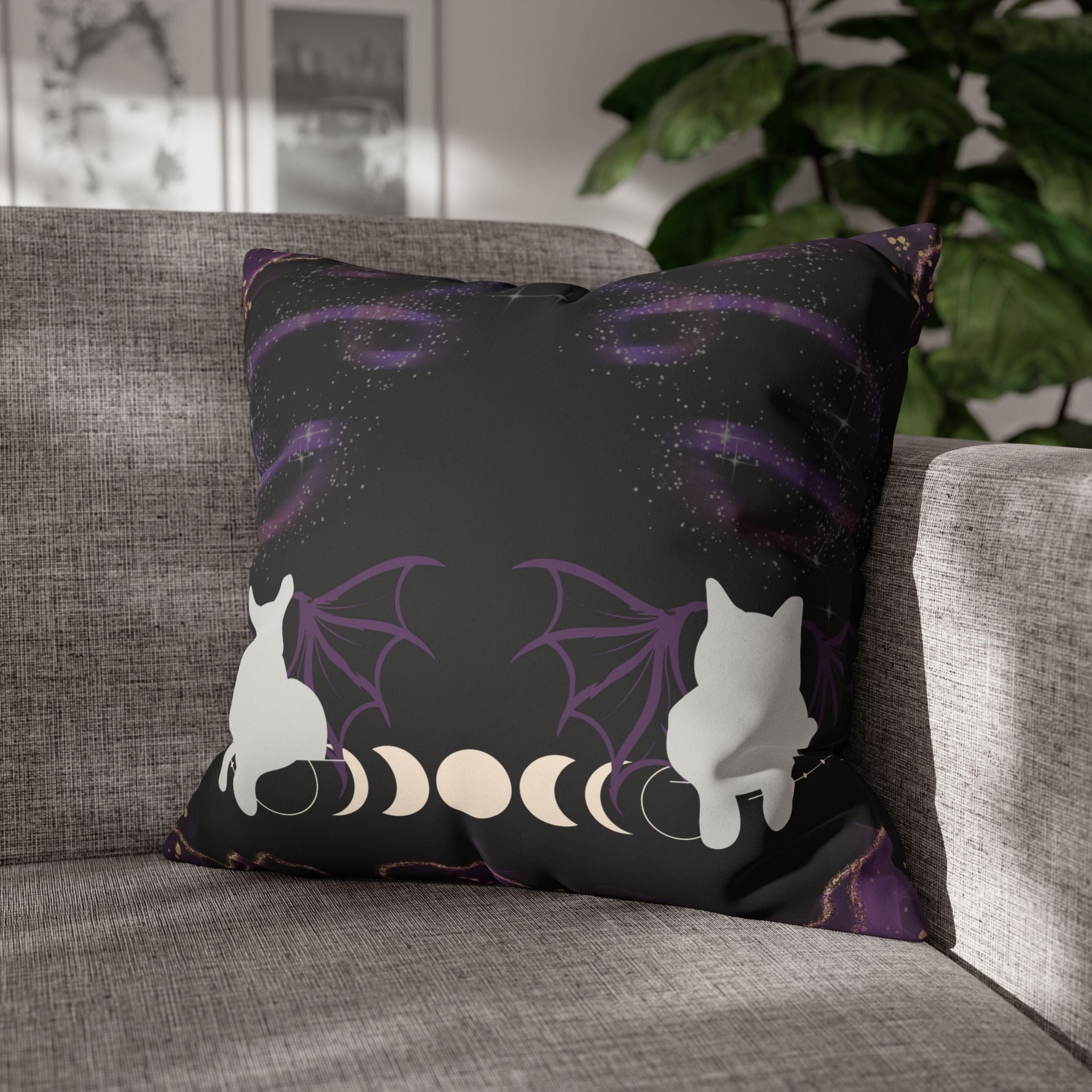 Gothic Bat Wing Cat Moon Phases Throw Pillow — Purple Celestial Dark Home Decor