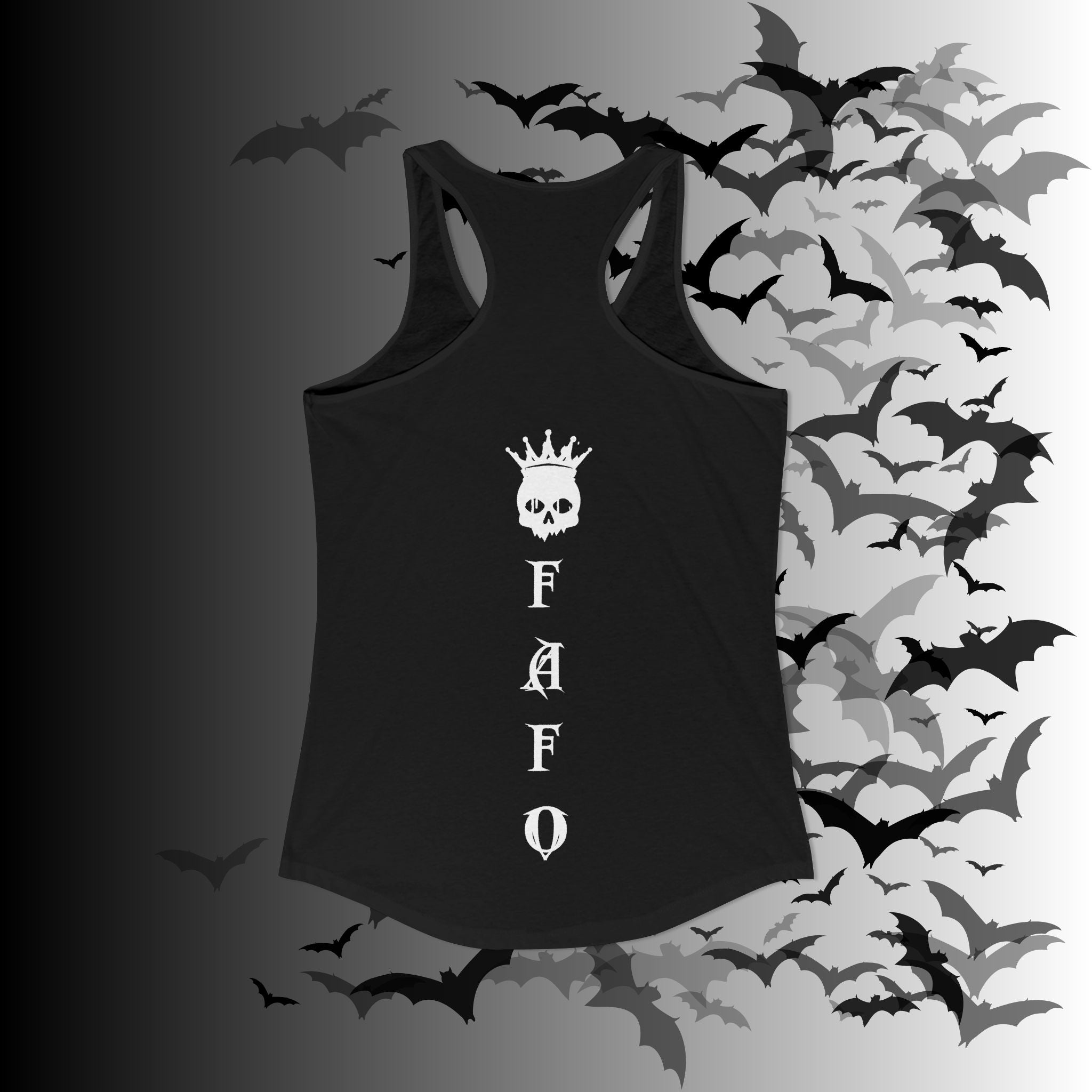 "FAFO" I Identify As A Threat Racerback Tank Top — White Print Front & Back