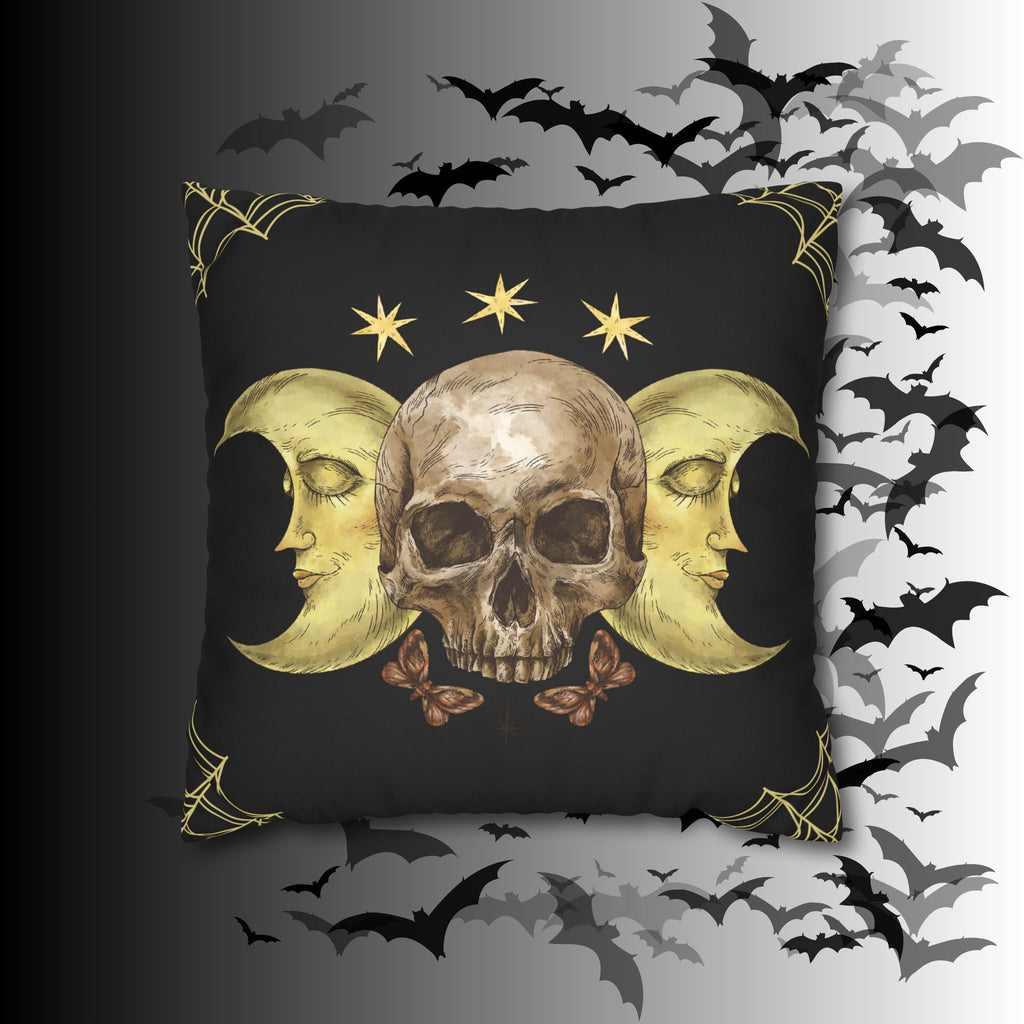 Gothic Moon Skull Throw Pillow — Celestial Dark Home Decor
