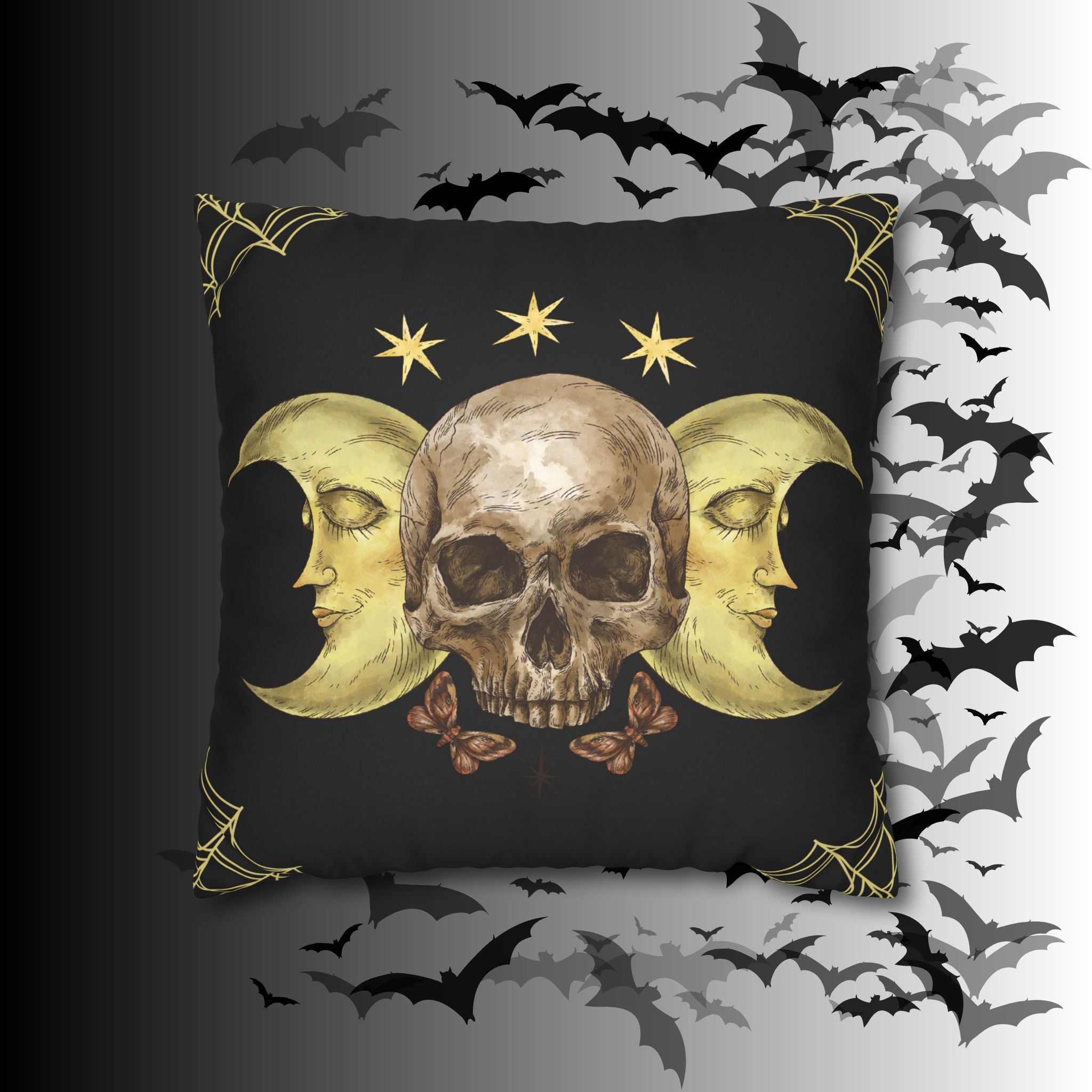 Gothic Moon Skull Throw Pillow — Celestial Dark Home Decor