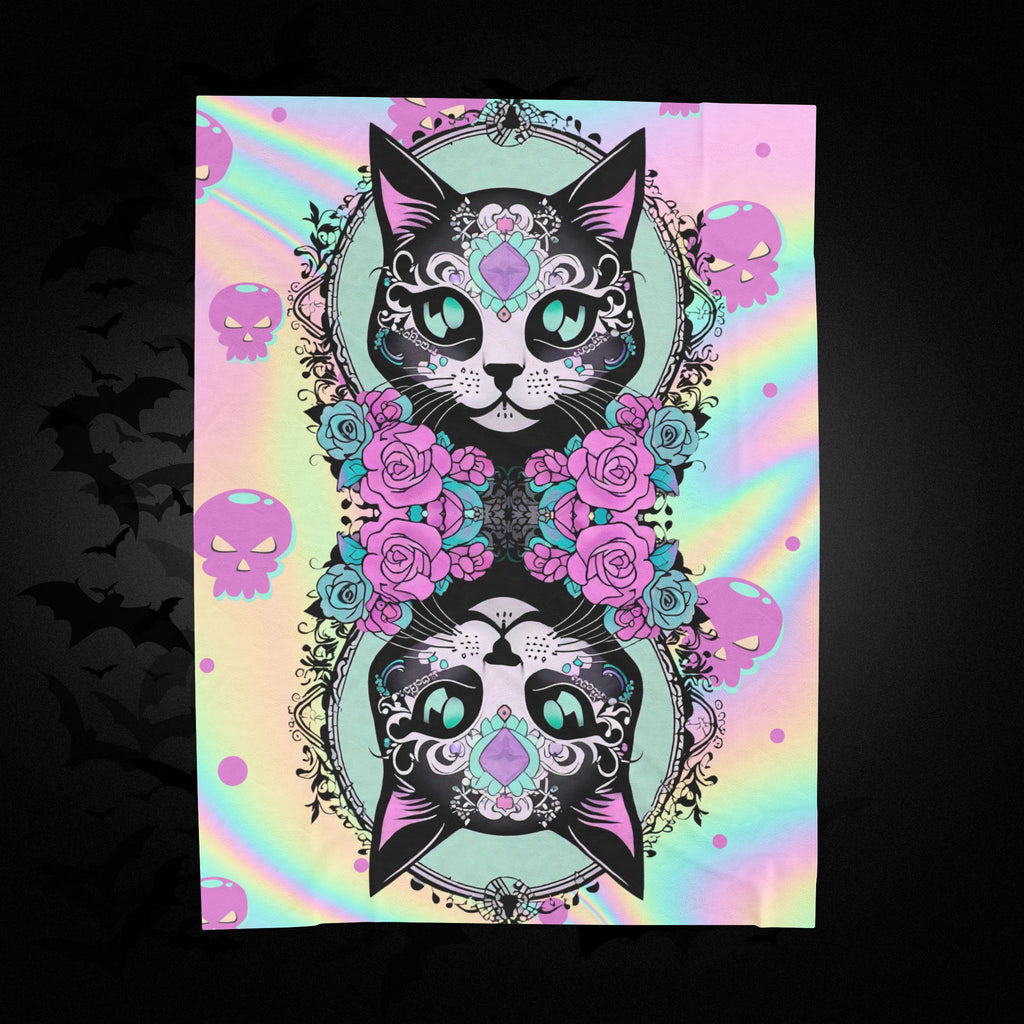 Pastel Goth Sugar Skull Cat Throw Blanket — Floral Gothic Home Decor