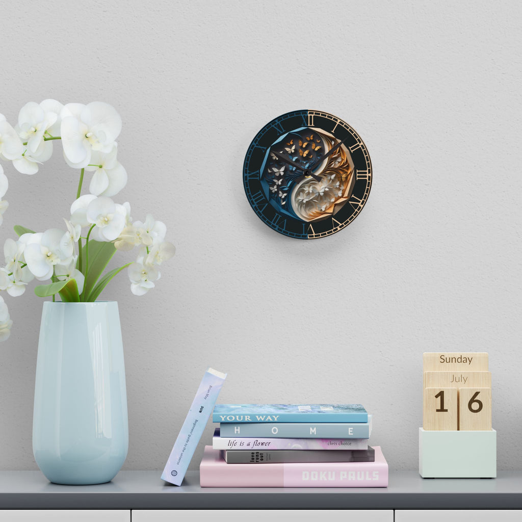 Origami Style Yin Yang Butterfly Acrylic Art Print Wall Clock Blue Gold — NOT Real Origami, Zen Home Decor