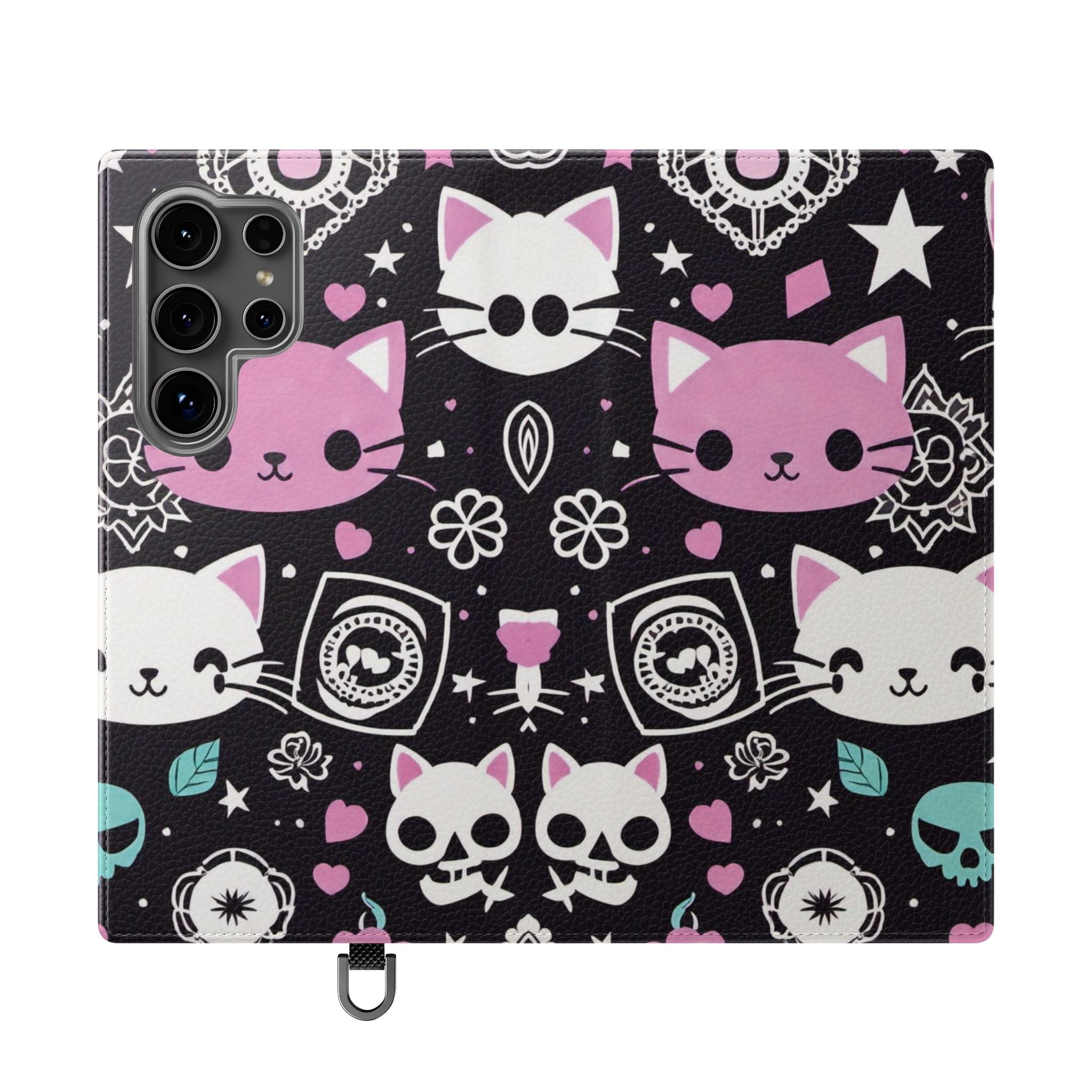 Pastel Goth Cat Flip Wallet Phone Case - Goth Cat Wallet Case for Samsung iPhone - Gothic Style Cats Wallet Phone Cases