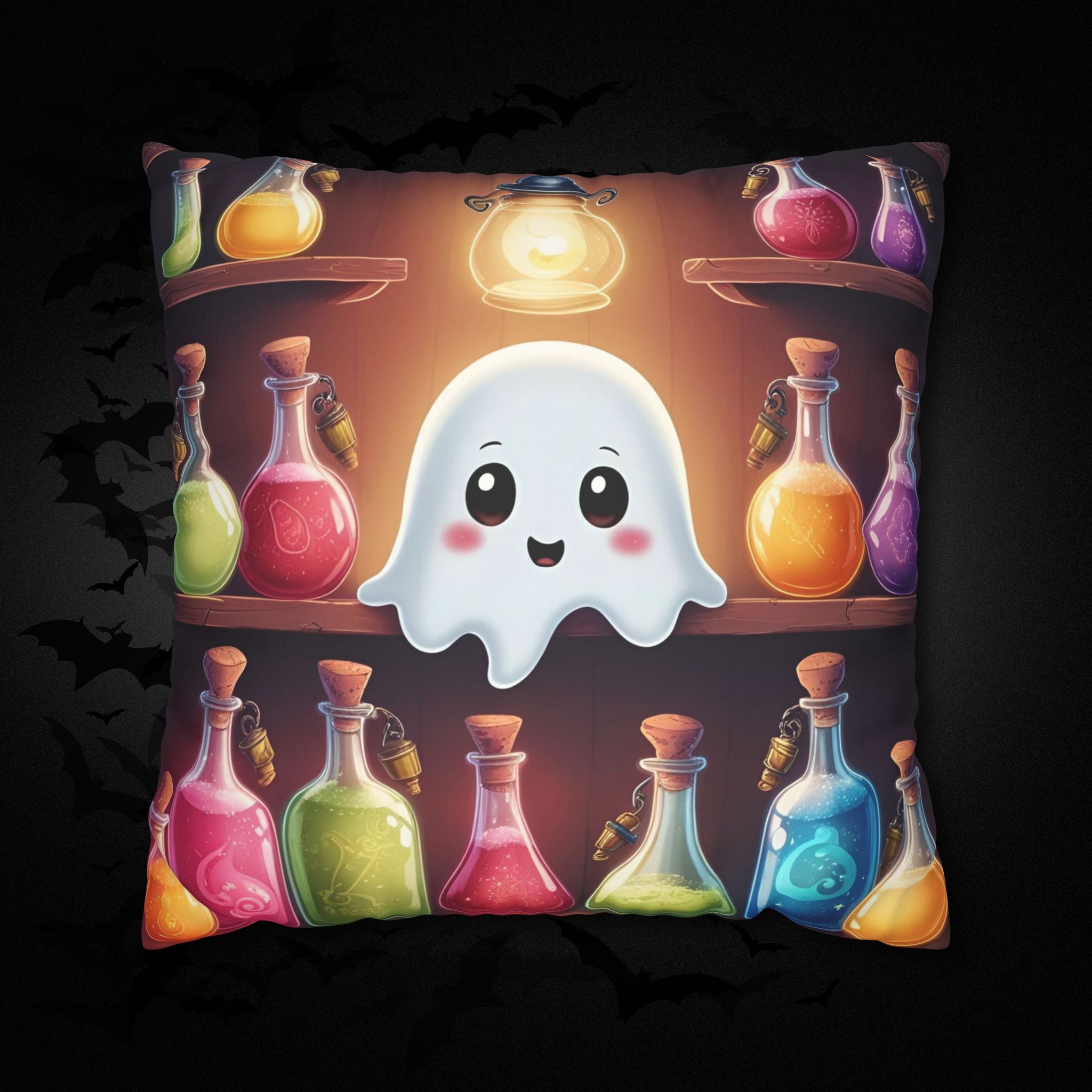 Apothecary Ghost Throw Pillow — Whimsigoth Potion Shelf Dark Home Decor