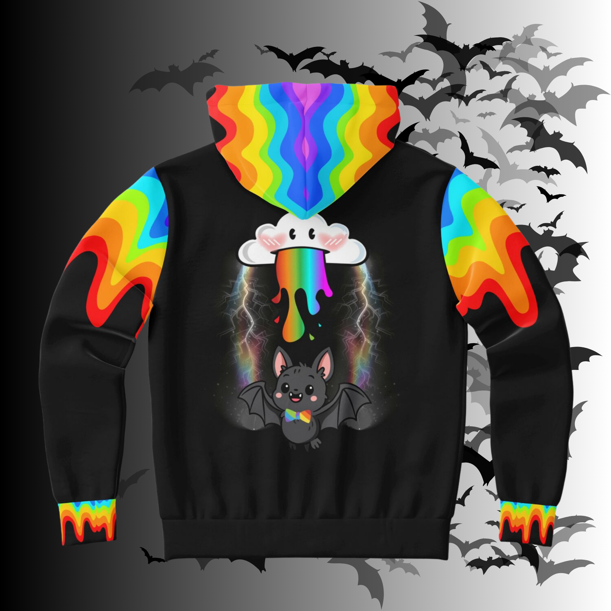 Rainbow Vomit Cloud Bat All Over Print Zip Hoodie — Kawaii Goth Pride Unisex AOP Hoodie