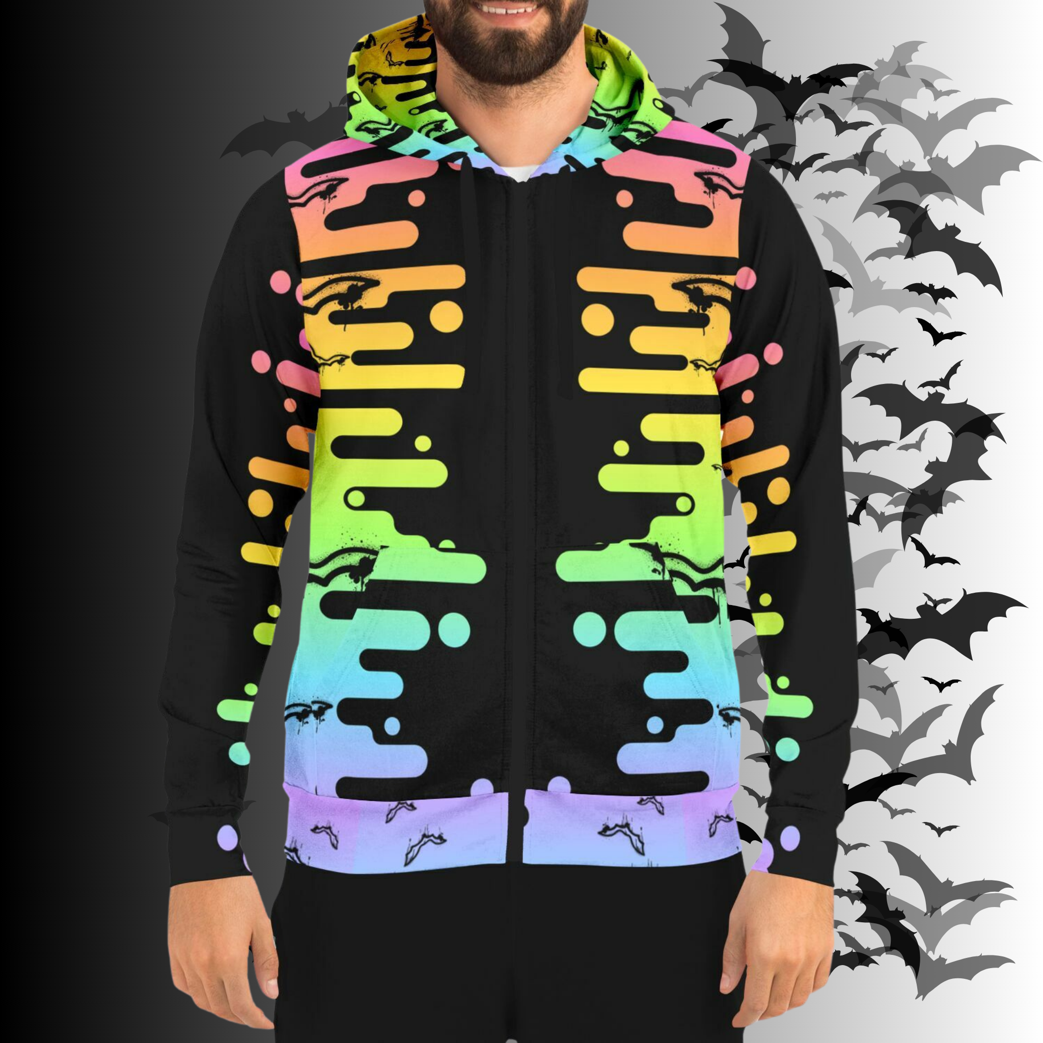 Neon Rainbow Drip Bat All Over Print Zip Hoodie