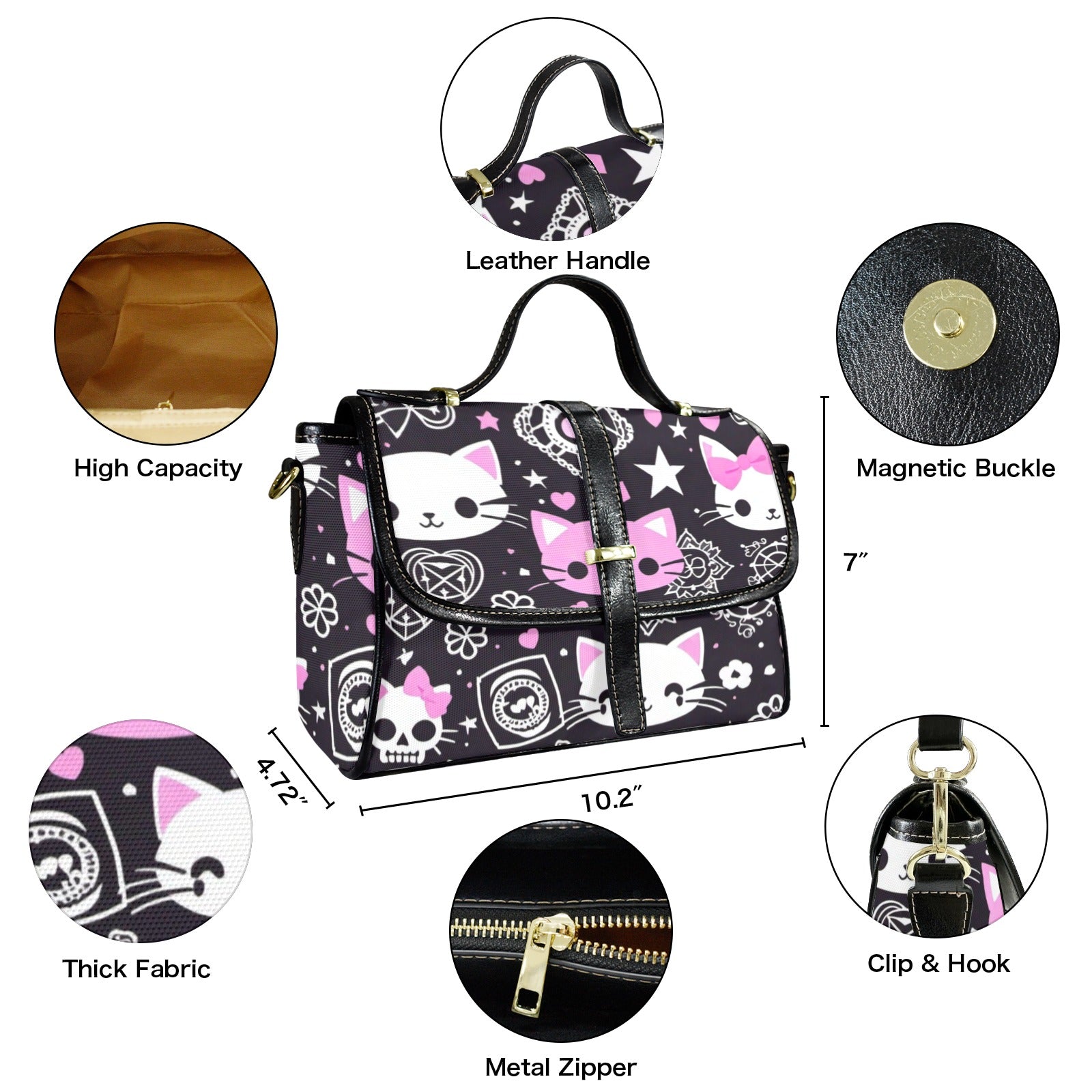 Pastel Goth Kawaii Cat Crossbody Bag | Skull & Stars Waterproof Canvas Satchel Purse