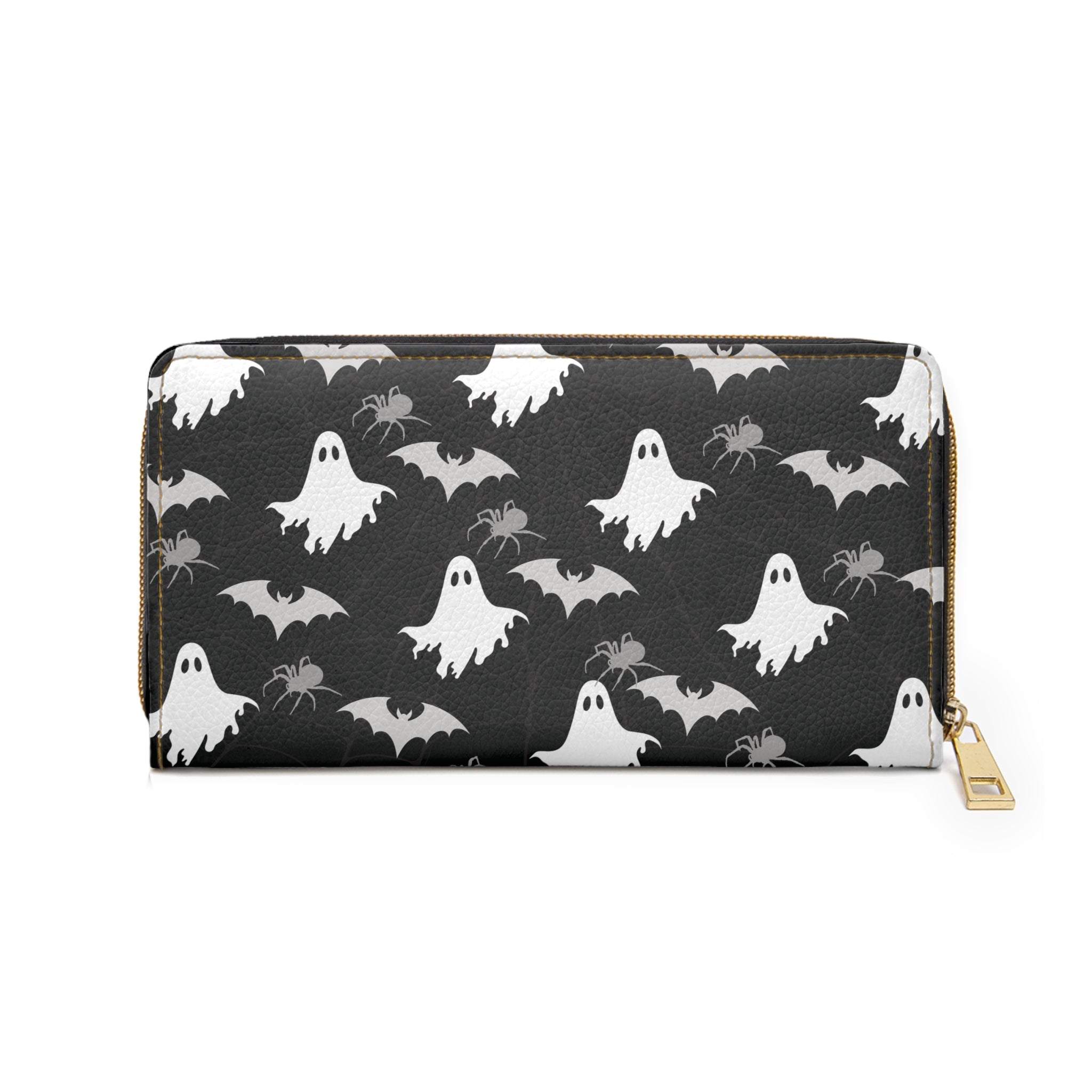 Gothic Ghost Bat & Spider Wallet | Spooky Print Faux Leather Zipper Clutch