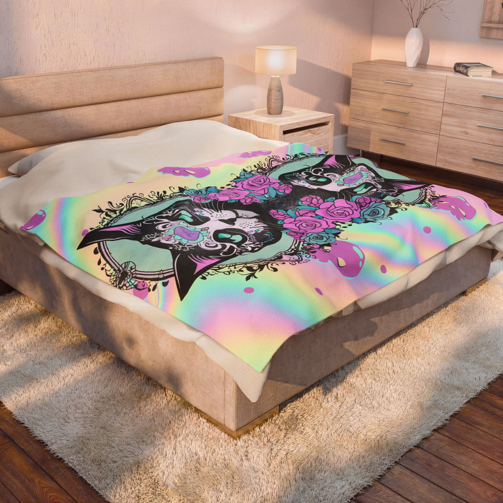 Pastel Goth Sugar Skull Cat Throw Blanket — Floral Gothic Home Decor
