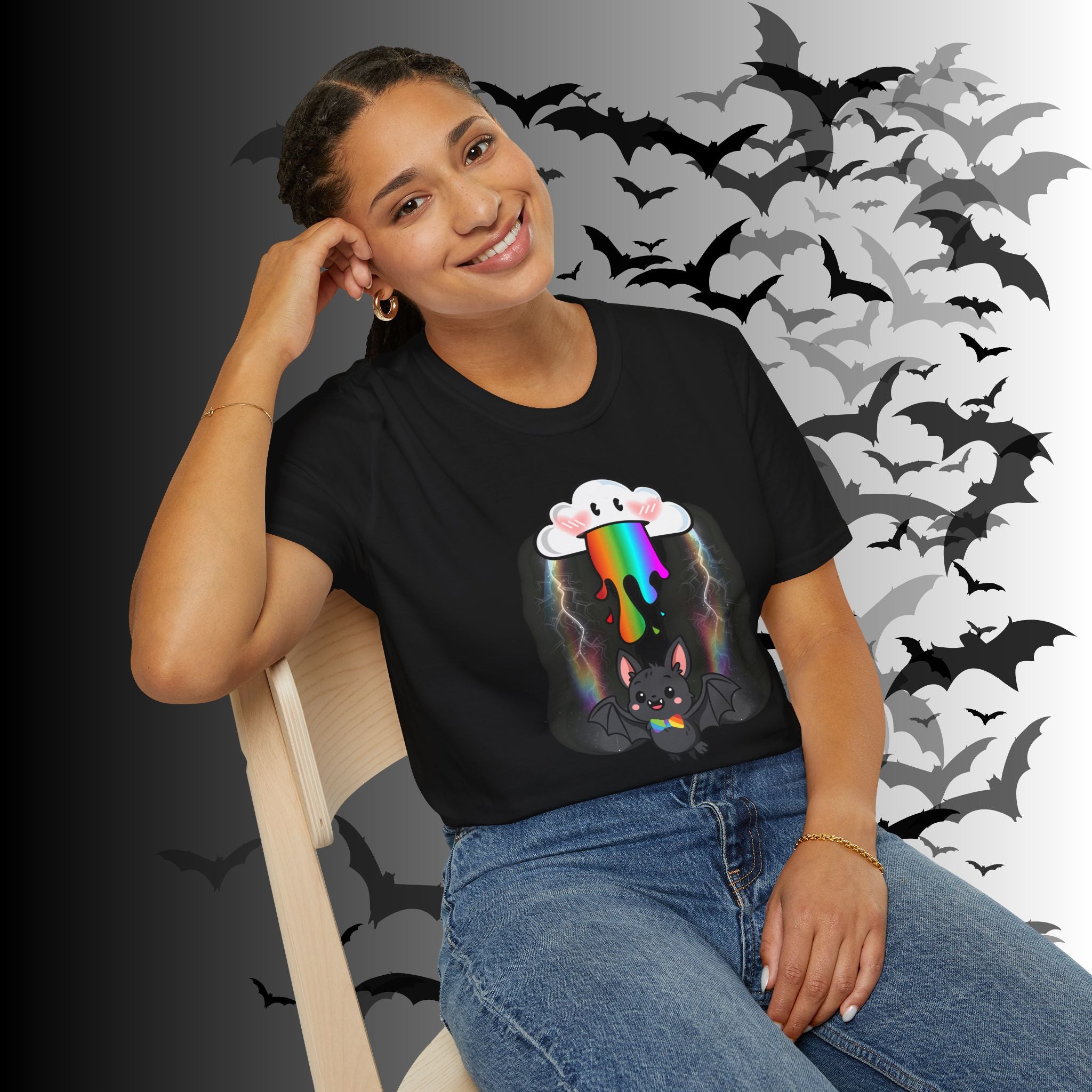 Rainbow Vomit Cloud Bat T-Shirt — Kawaii Goth Pride Unisex Tee