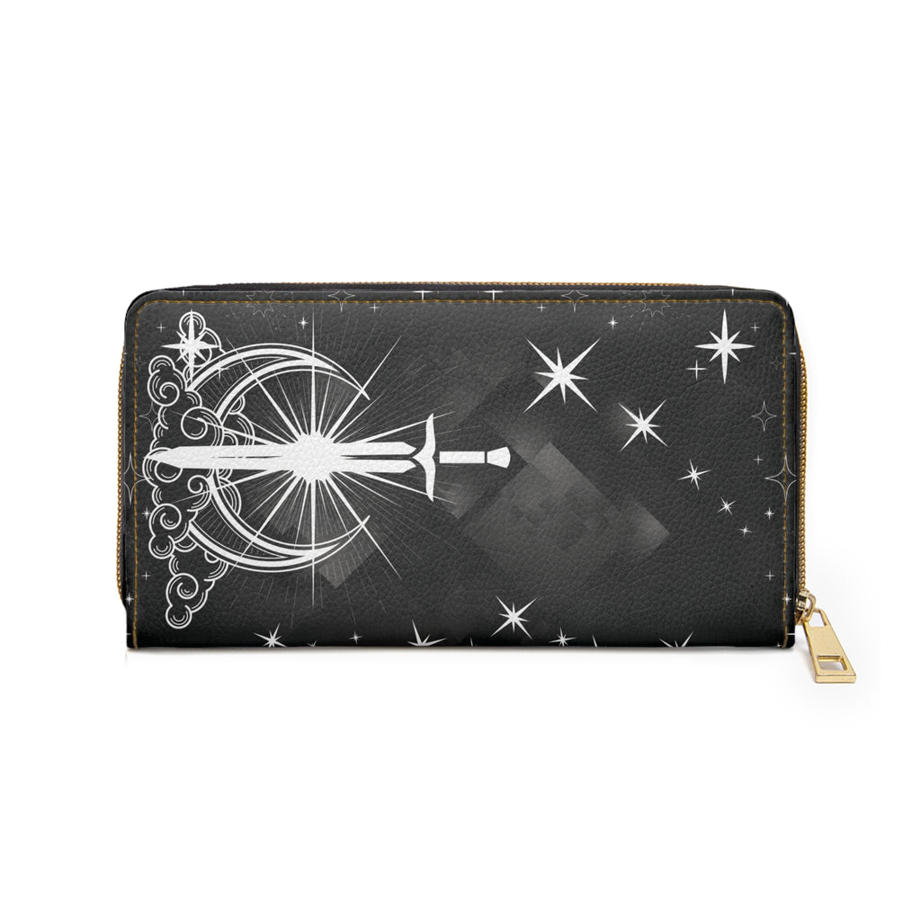 Gothic Celestial Sword Moon Wallet | Witchy Faux Leather Zipper Clutch
