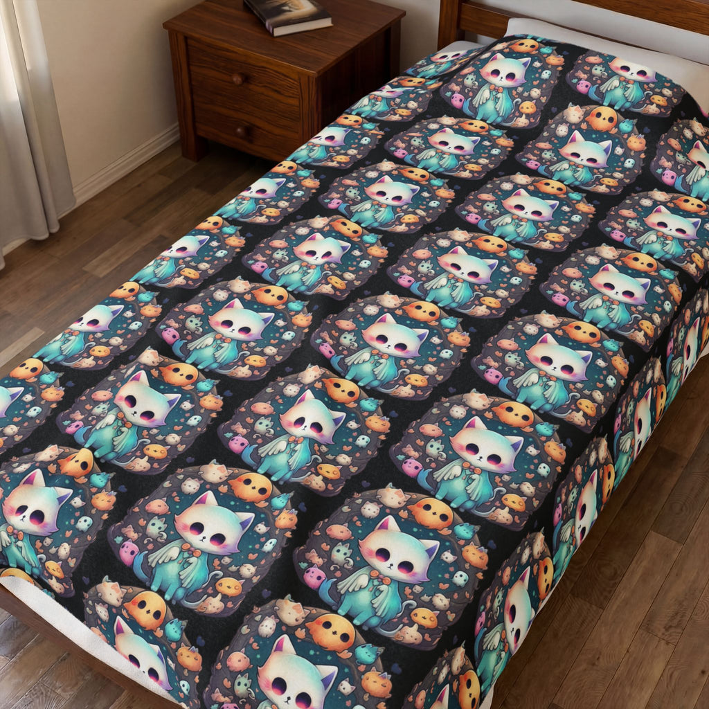Creepy Cute Kawaii Cat Throw Blanket — Pastel Goth Ghost Dark Home Decor
