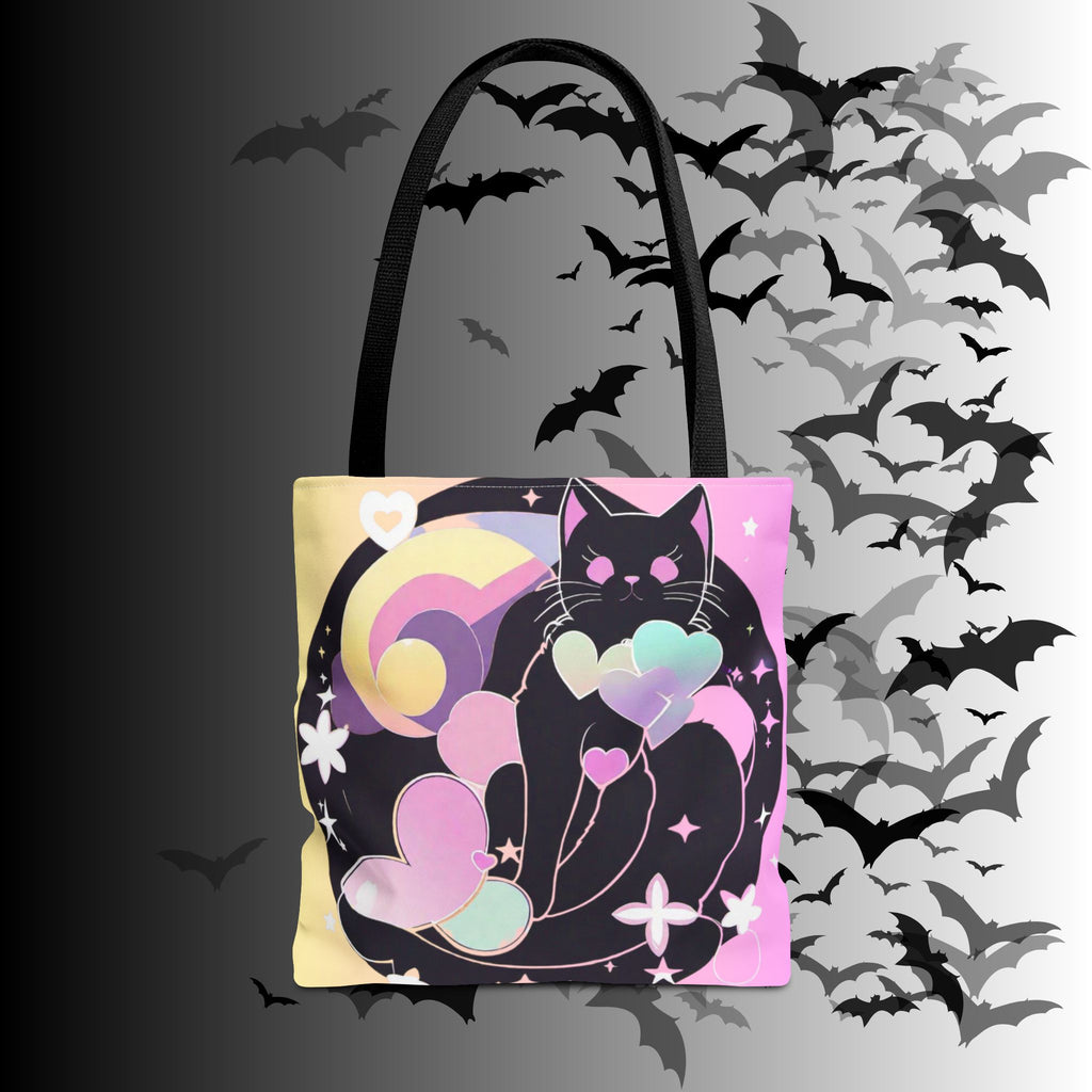Pastel Goth Black Cat Heart Balloon Tote Bag — Kawaii Moon Print