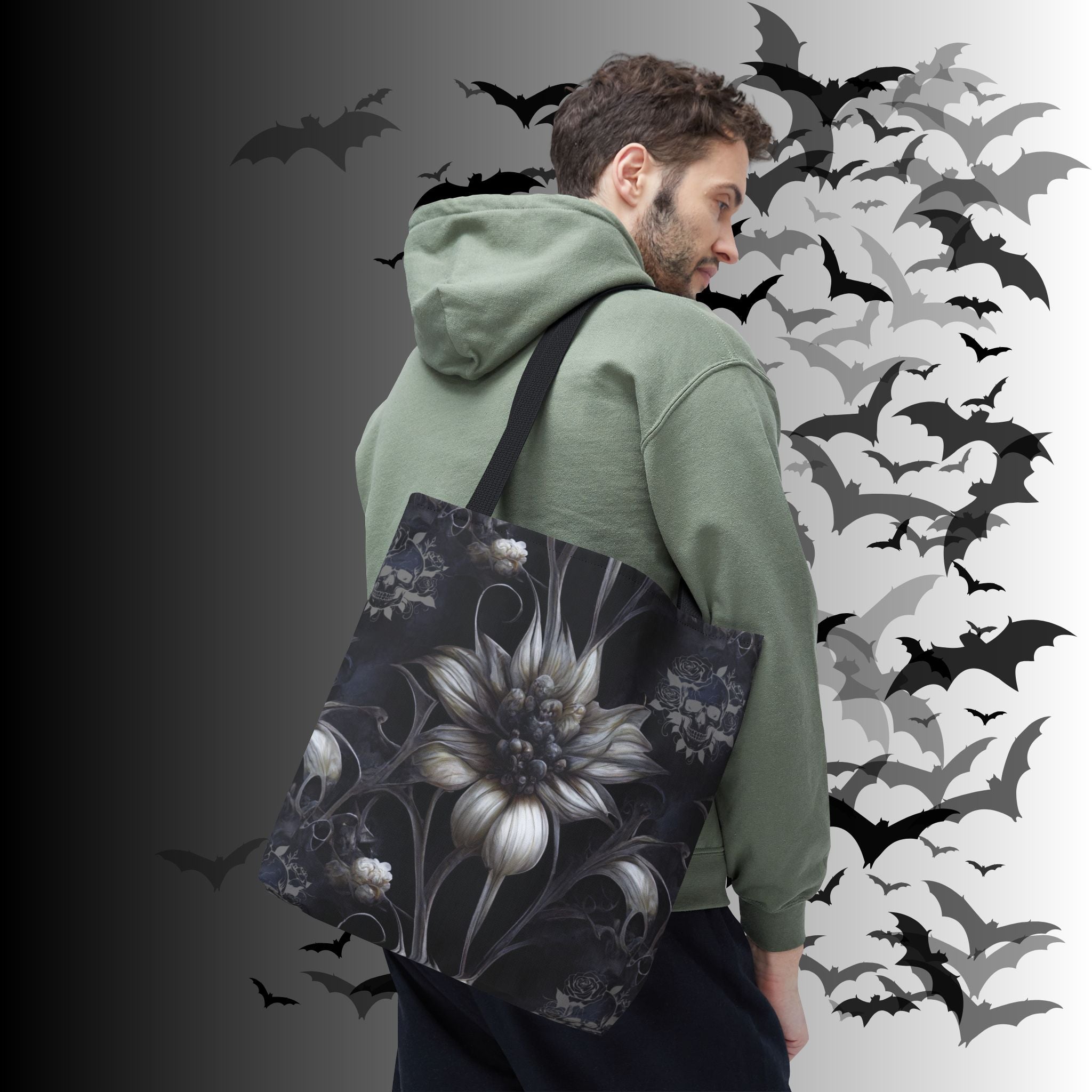 Gothic Botanical Skull Tote Bag — Dark Floral All-Over Print