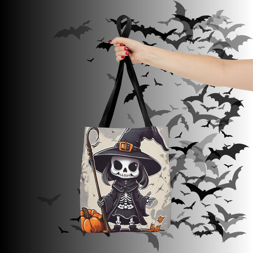 Skeleton Witch Halloween Tote Bag — Spooky Chibi Witch Print