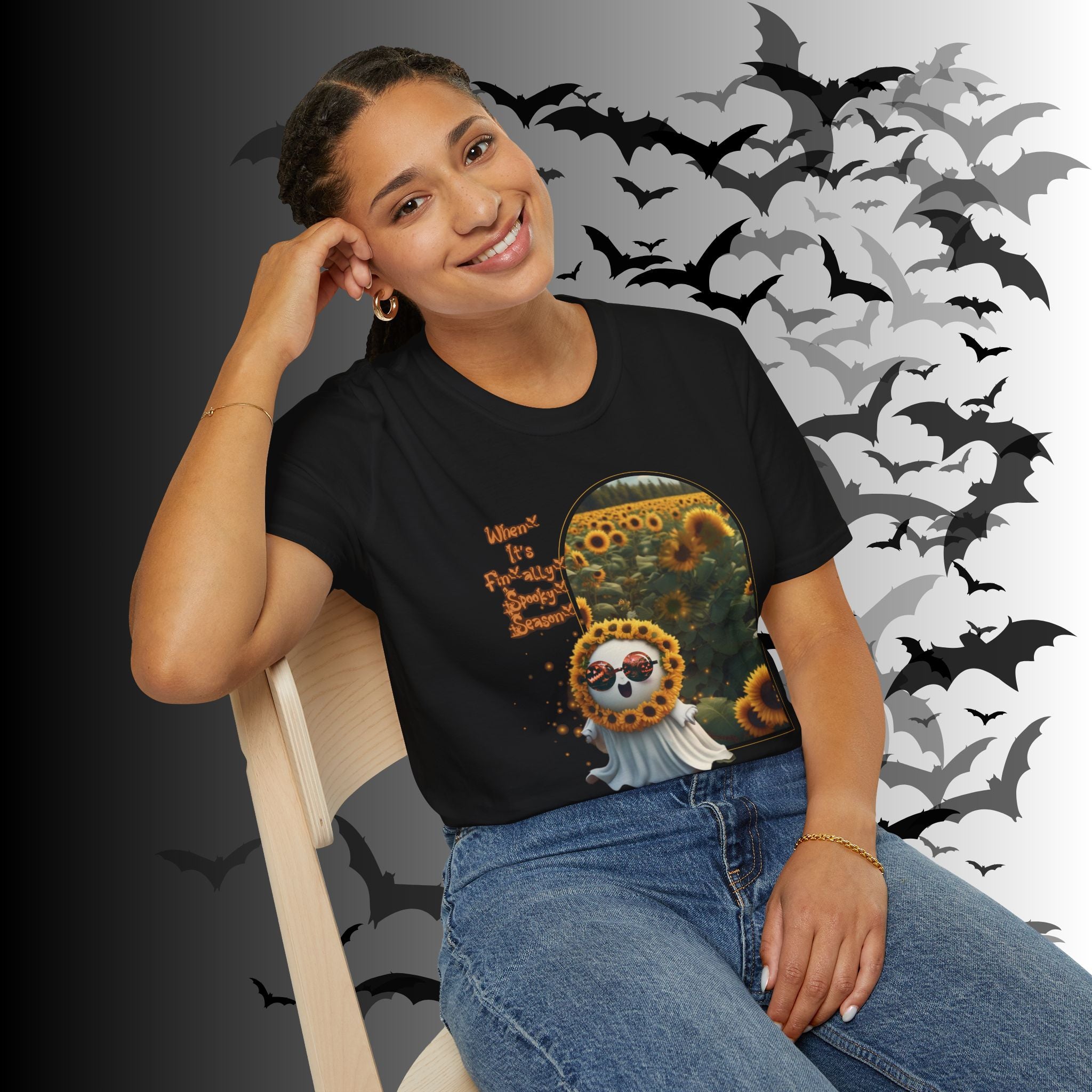 "When It's Finally Spooky Season" Ghost Sunflower T-Shirt — Halloween Tee