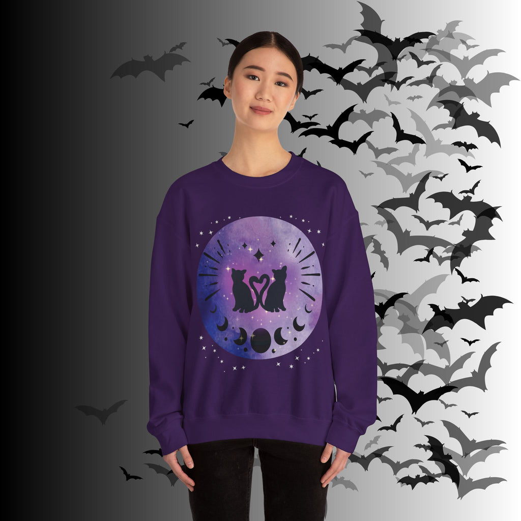 Celestial Twin Cats Heart Moon Crewneck Sweatshirt — Witchy Moon Phase