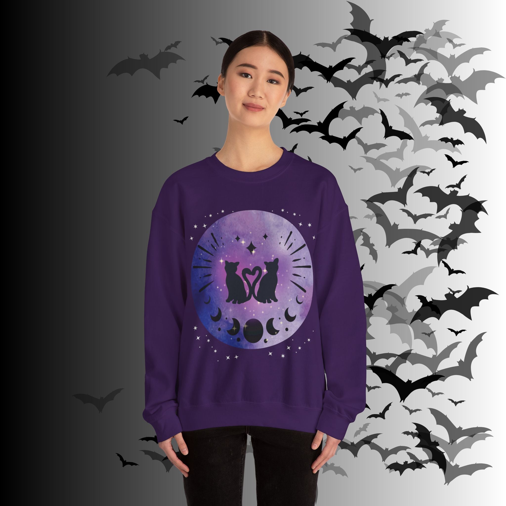 Celestial Twin Cats Heart Moon Crewneck Sweatshirt — Witchy Moon Phase