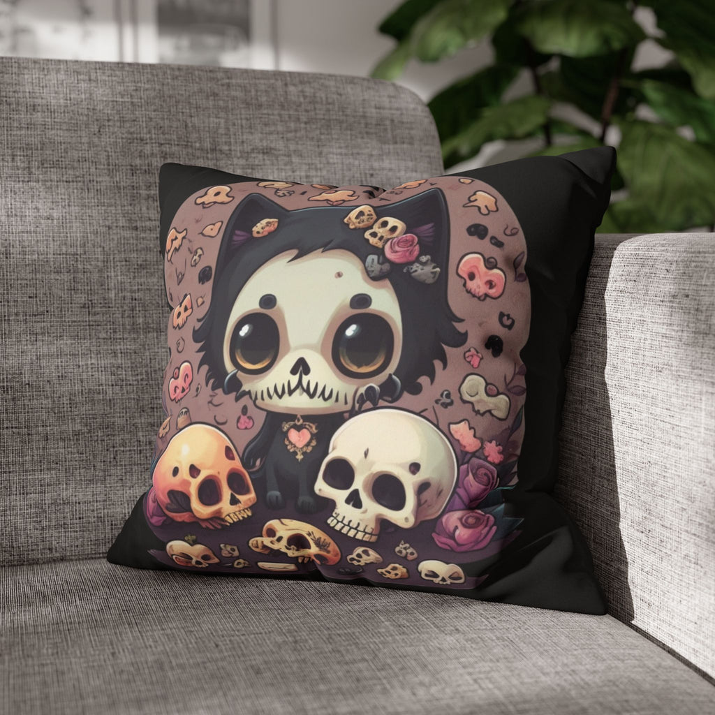 Gothic Skull Face Cat Throw Pillow — Creepy Cute Pastel Goth Home Decor