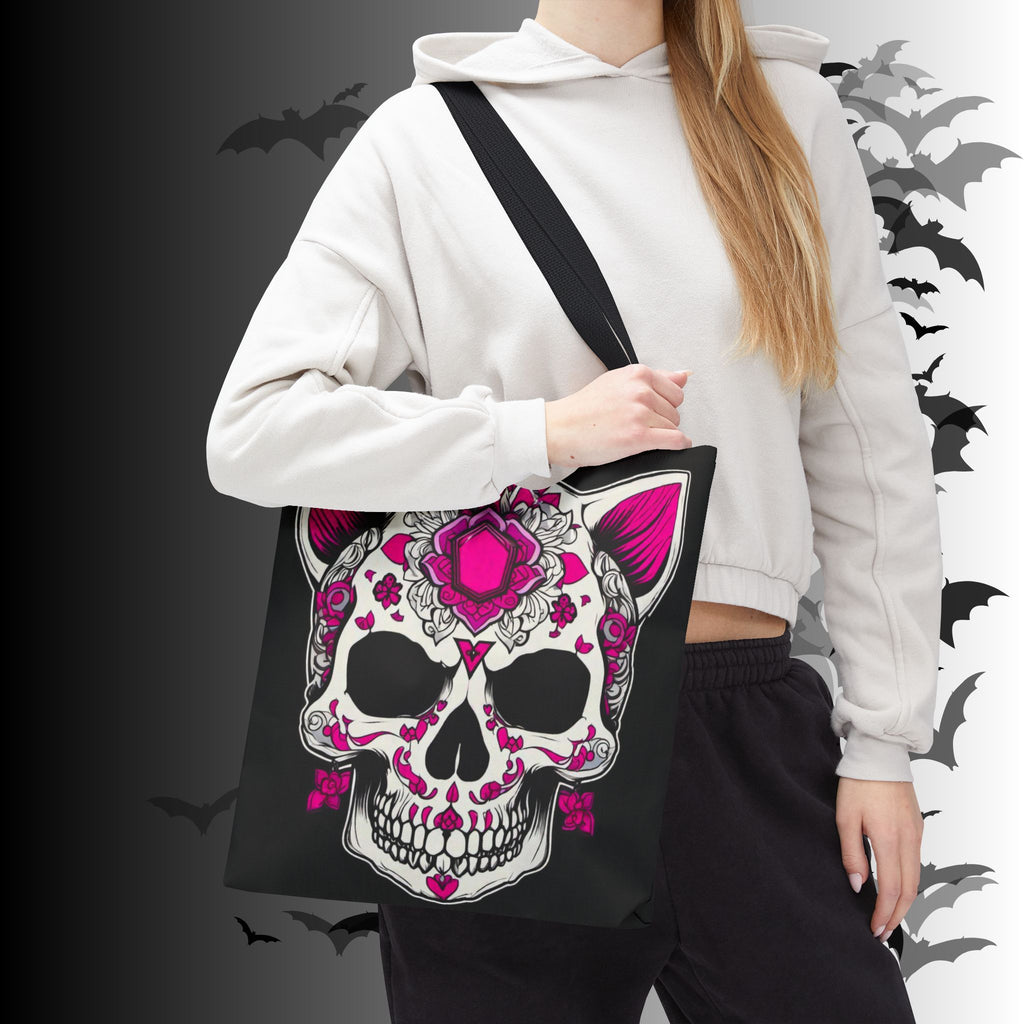 Pink Sugar Skull Cat Tote Bag — Day of the Dead Floral Design