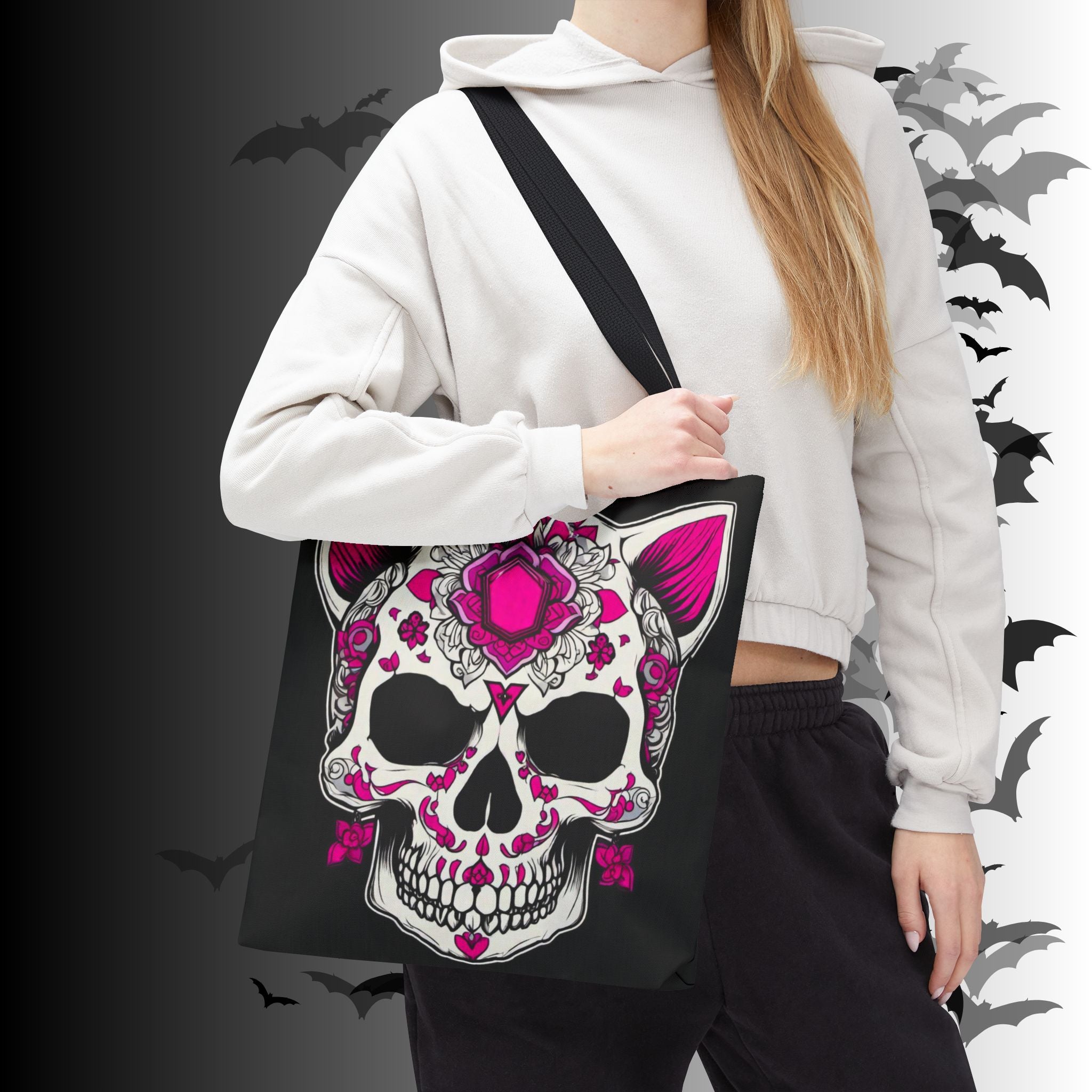 Pink Sugar Skull Cat Tote Bag — Day of the Dead Floral Design