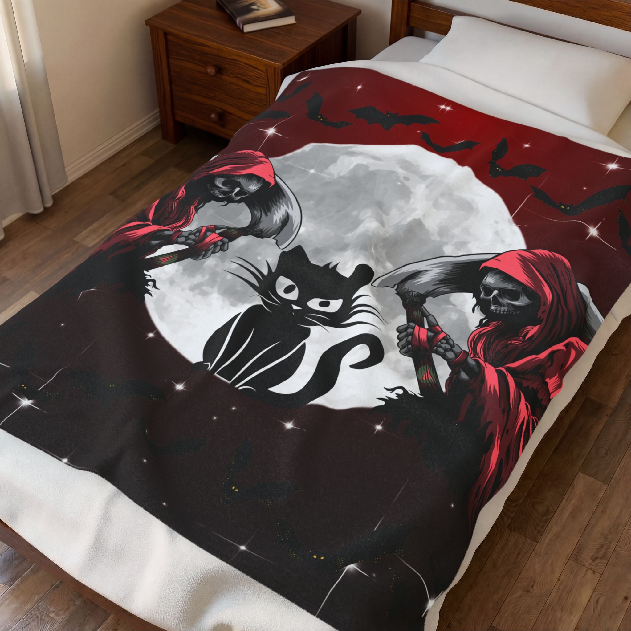 Throw blanket with a large wild-eyed black cat and cloaked Grim Reaper holding a scythe in swirling grey moonlit mist on the upper half, transitioning to a deep black background with glowing green-eyed cat silhouettes and starburst sparkles on the lower half