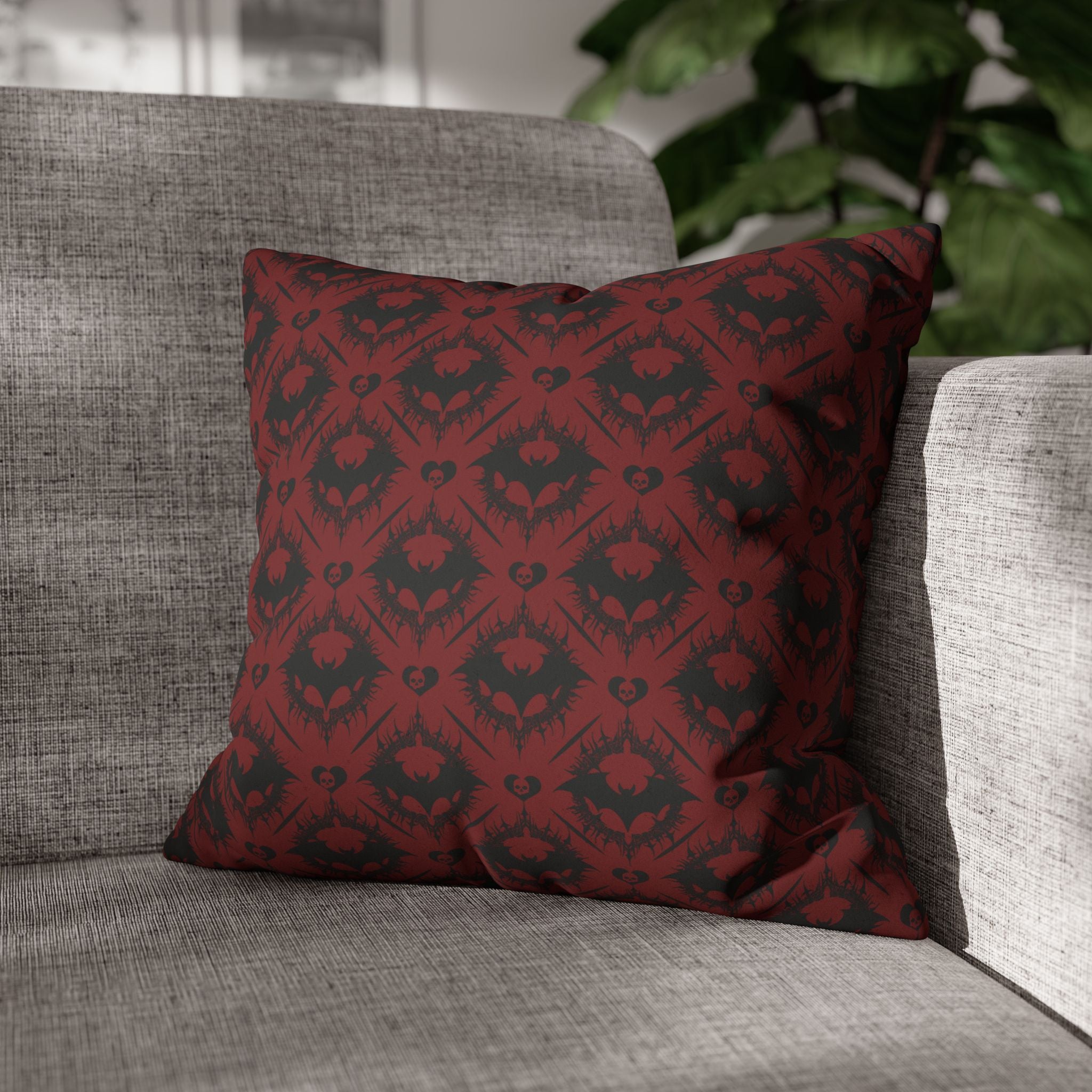 Gothic Bat Diamond Pattern Throw Pillow — Dark Red Damask Home Decor