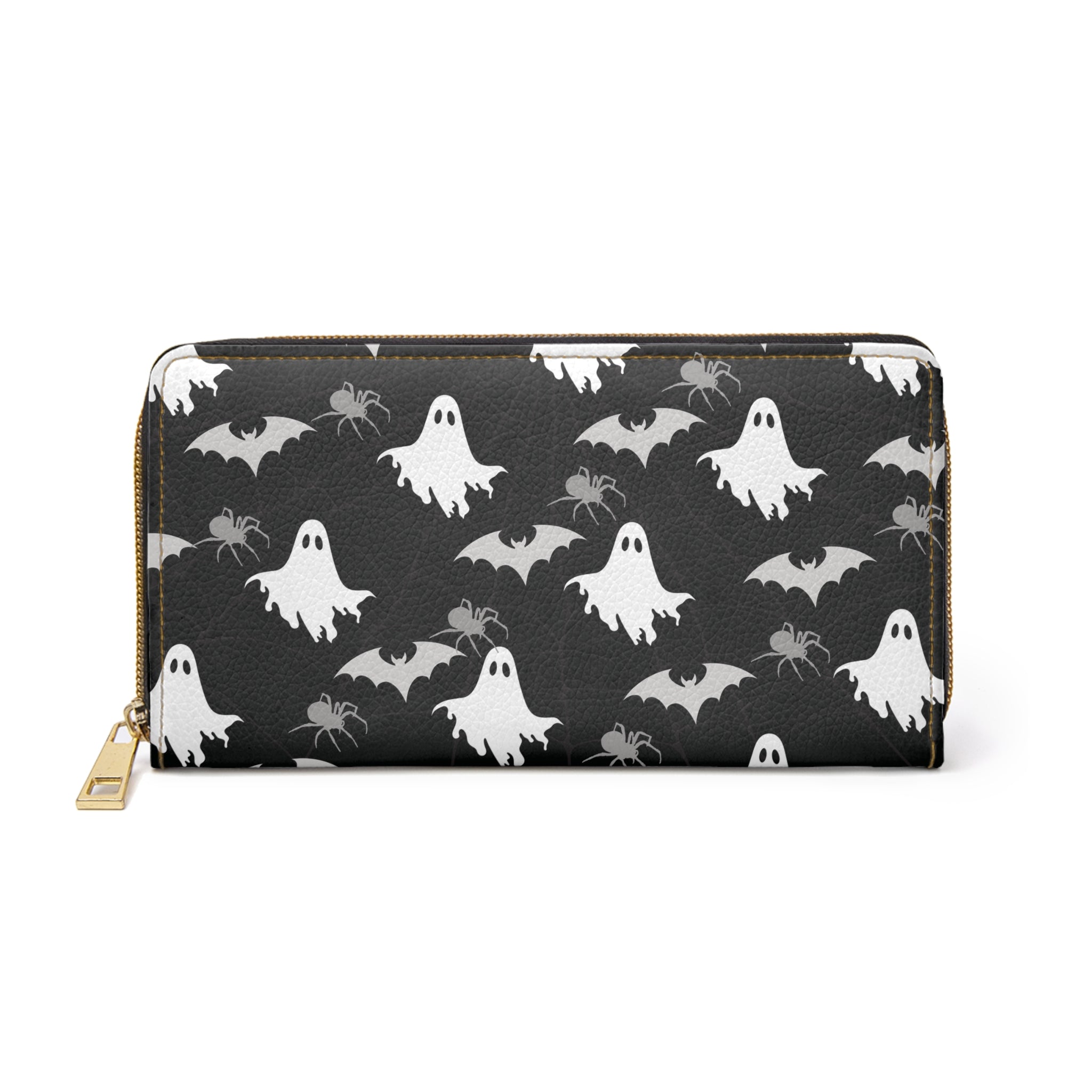 Gothic Ghost Bat & Spider Wallet | Spooky Print Faux Leather Zipper Clutch